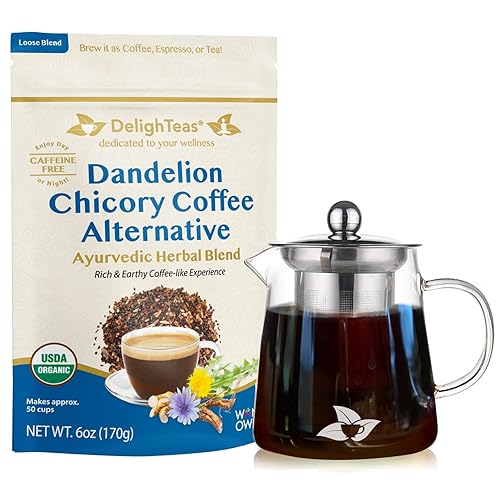 DelighTeas Alternativa de café de hierbas de diente de león de achicoria ayurvédica orgánica y cafetera de vidrio Sustituto del café Café de