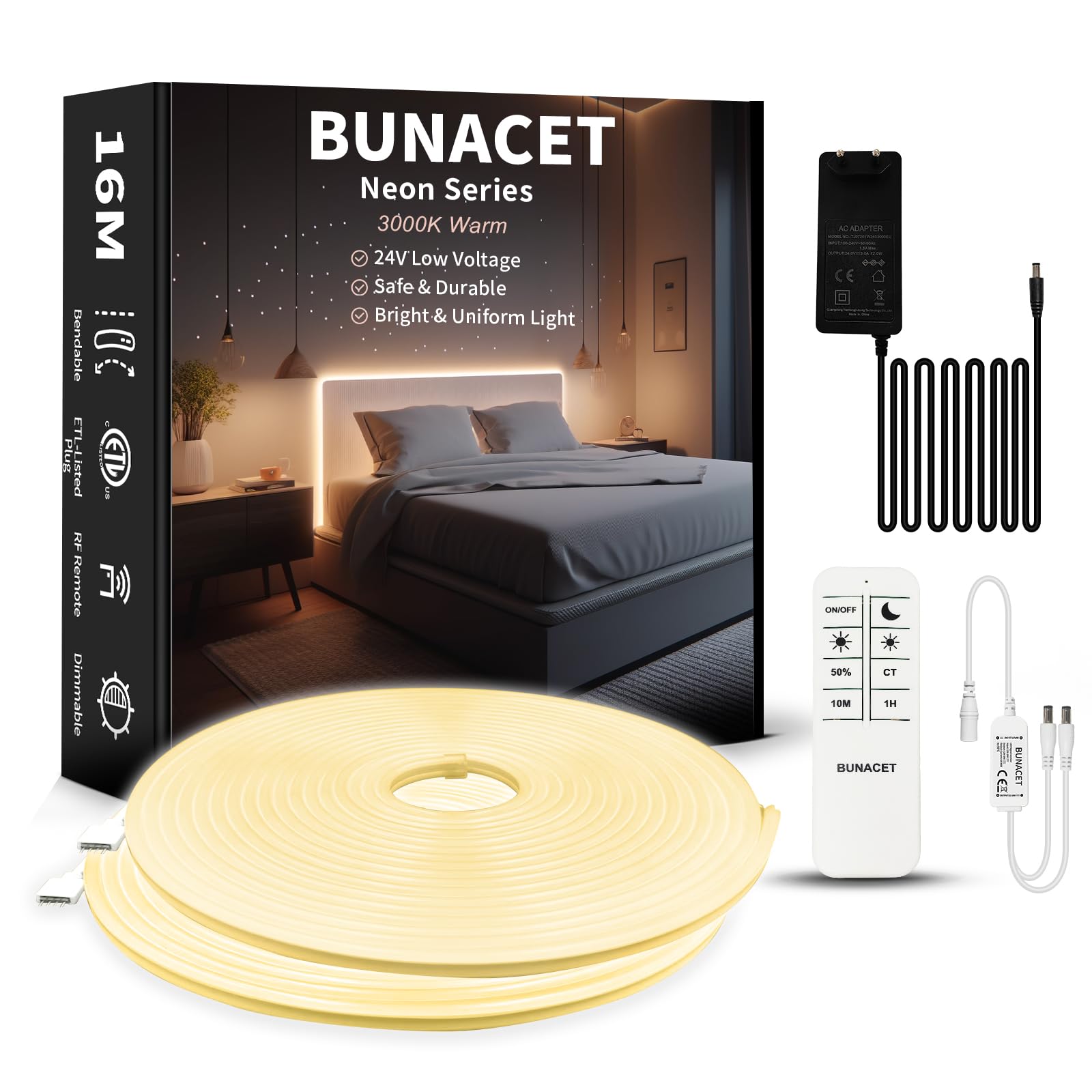 BUNACET Neon Strisica LED 16M 24V, Dimmerabile Impermeabile IP65 Nastri LED 3000K Bianco Caldo con Telecomando RF, Alimentatore, Luci LED Silicone per Casa Camera Cucina, 2 * 8M