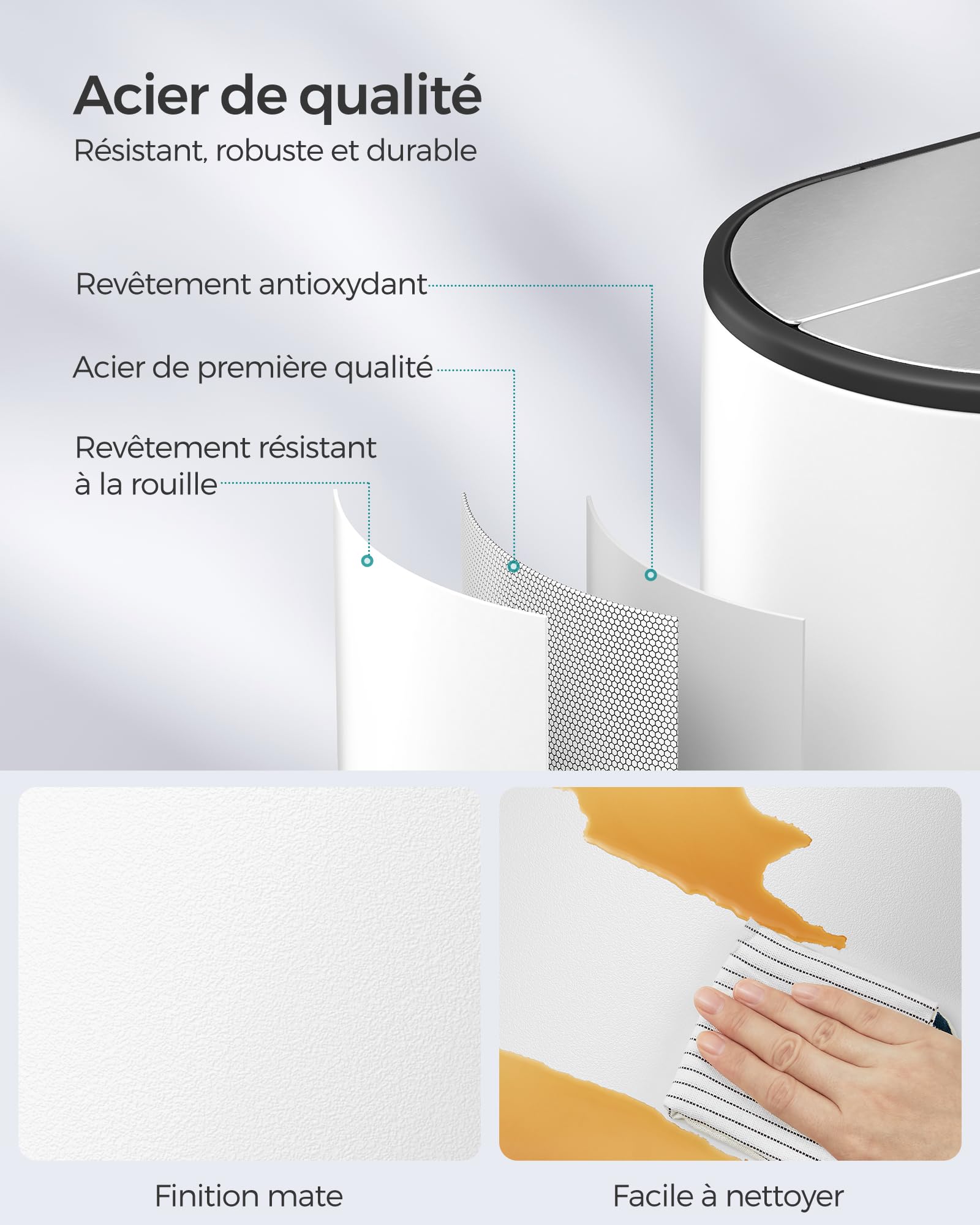 SONGMICS Poubelle de Cuisine Double, 30L et 20L, Poubelle Mince 2 Compartiments pour Tri et Recyclage des Déchets, avec Pédale et Couvercles Ailles, Blanc Nuage et Argent Métallique LTB570W02