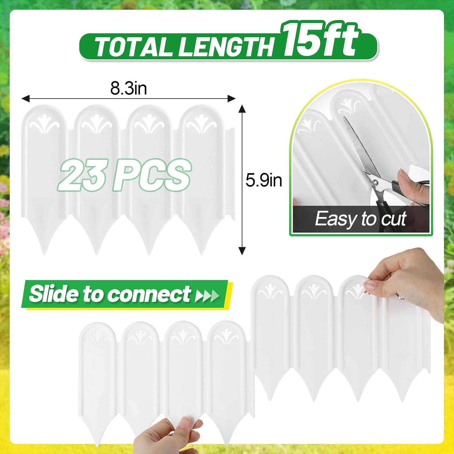 Connectable Garden Landscape Edging - 15ft Total Length No Need Digging Lawn Fence Border for Dividing Yard Flower Bed Areas, Included 23pcs 8.3" L x 5.9" H White Panels
