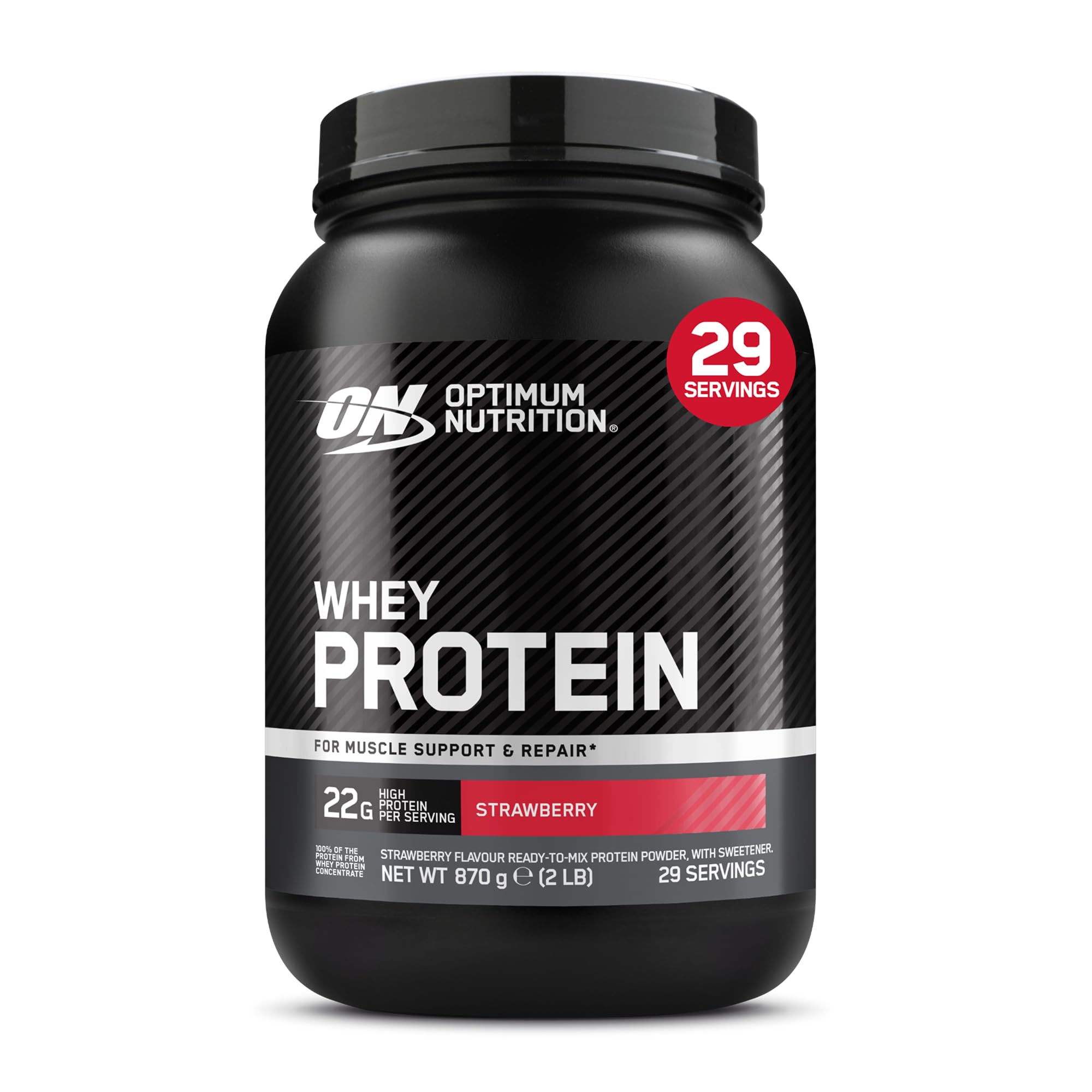 Optimum Nutrition Whey Protein Powder Strawberry Flavour, 22g Protein Per Serving - Easy‑to‑M Whey Concentrate for Muscle Growth and Maintenance, 899 g (29 Servings)