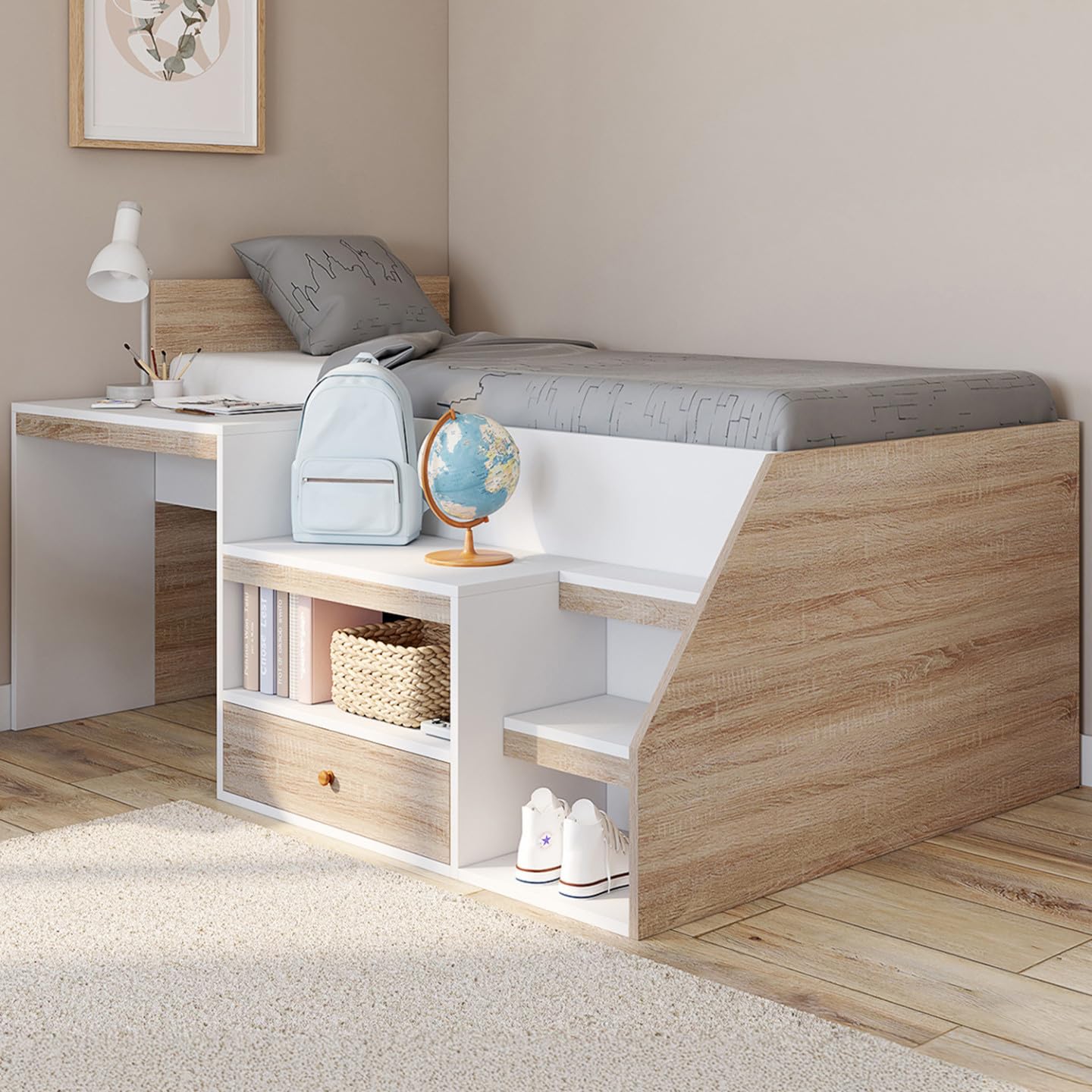 IDMarket - Lit combiné avec sommier, Bureau et Rangement Leopold 90 x 190 cm hêtre et Blanc