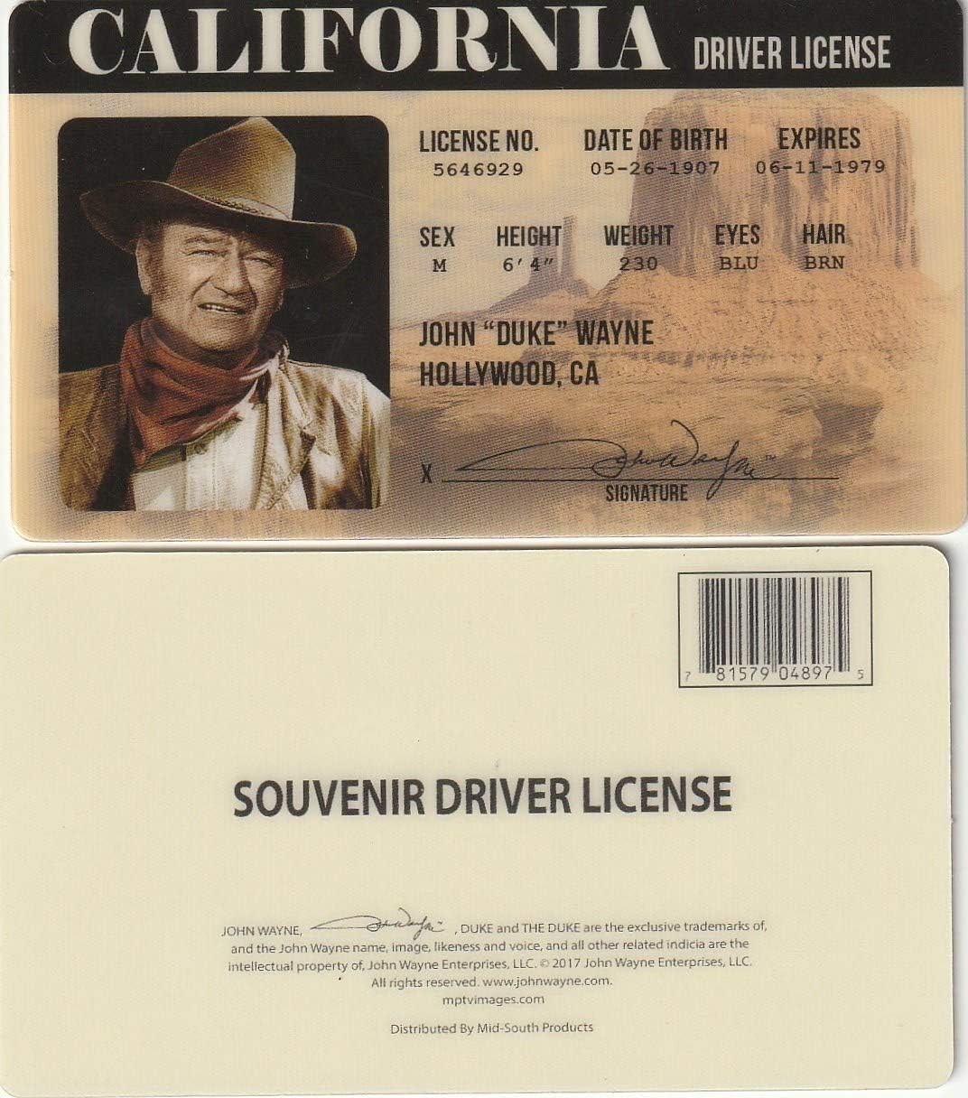 Signs 4 Fun Parody ID | John Wayne ID | Fake ID Novelty Card | Collectible Trading Card Driver’s License | Novelty Gift for Holidays | Made in The USA