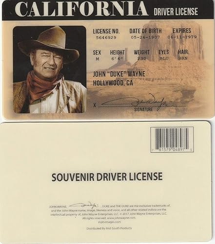 Signs 4 Fun Parody ID John Wayne ID Tarjeta de identificación falsa Licencia de conducir coleccionable Regalo novedoso para vacaciones
