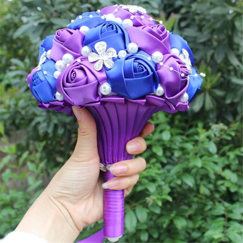 Advanced Customization Romantic Bride Wedding Holding Bouquet Roses with Diamond Pearl Ribbon Valentine's Day Bouquet Confession Many Colors for Choose 18cm (Purple+Royal Blue)