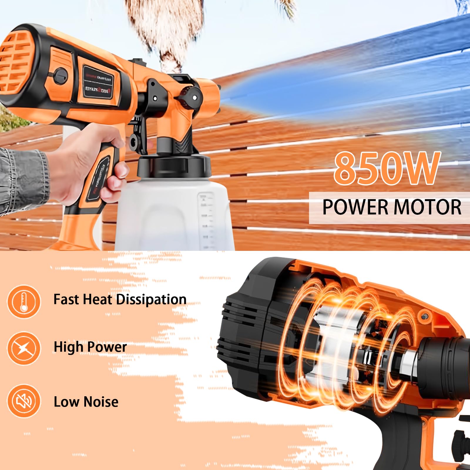 TOPALL Pistolet do lakierowania, 850 W, 32000 PRM, 1400 ml, elektryczny pistolet natryskowy HVLP, z 5 dyszami i 3 modelami, pistolet natryskowy