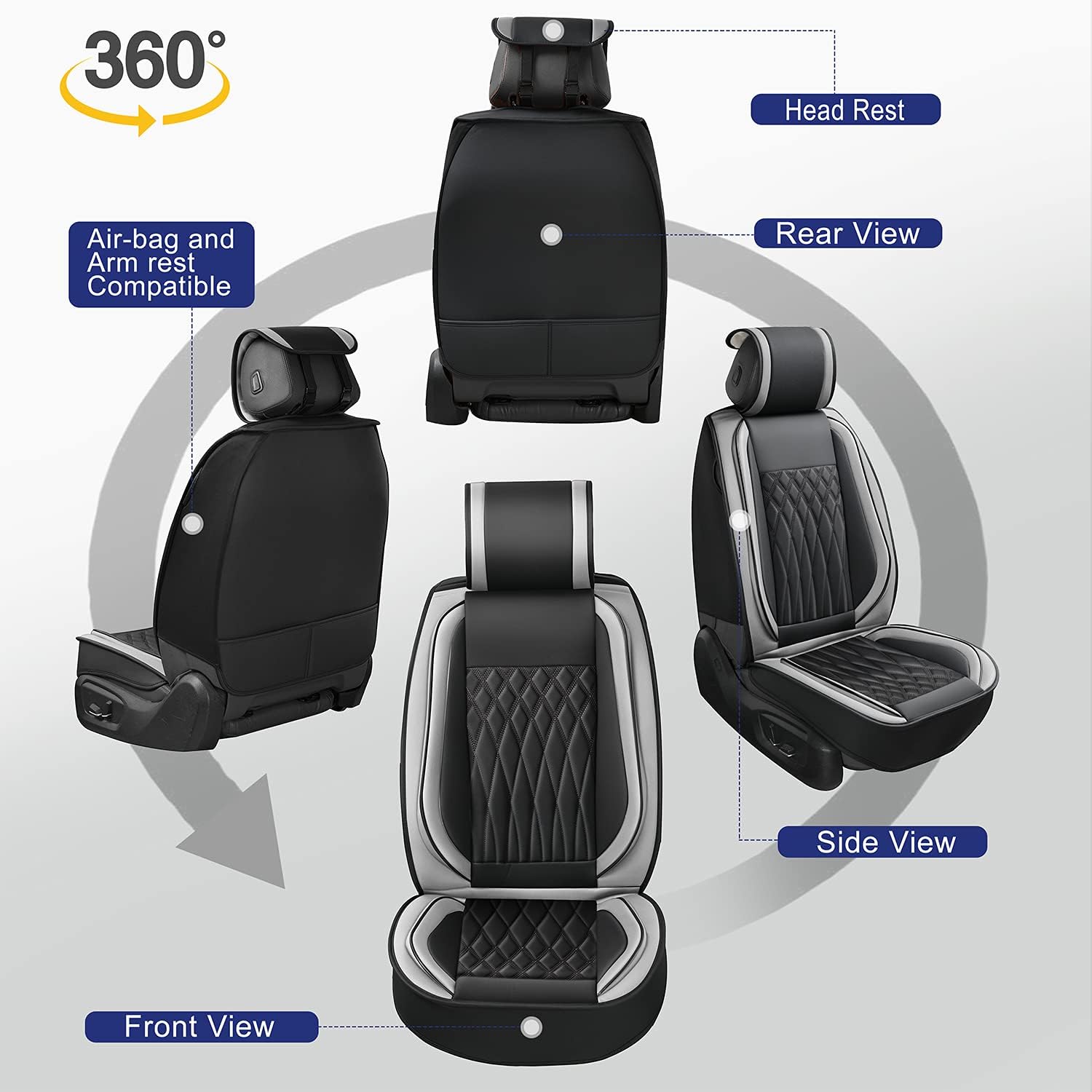 Black Friday - 60% OFF Sunny color 1 Pair Car Seat Cover, Leather Car Seat Covers Universal for Cars SUV Pick-up Truck Van Interior Accessories(Black+Gray)