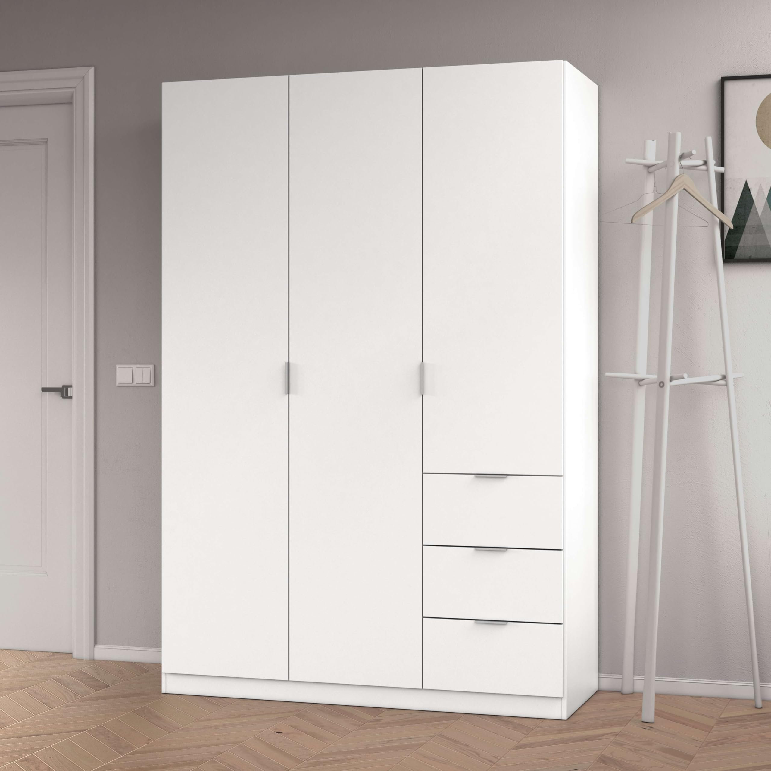 Habitdesign Armario Ropero 3 Puertas y 3 Cajones, Armario Alto Dormitorio, 200x135x52 (AltoxAnchoxFondo-en cm), Color Blanco
