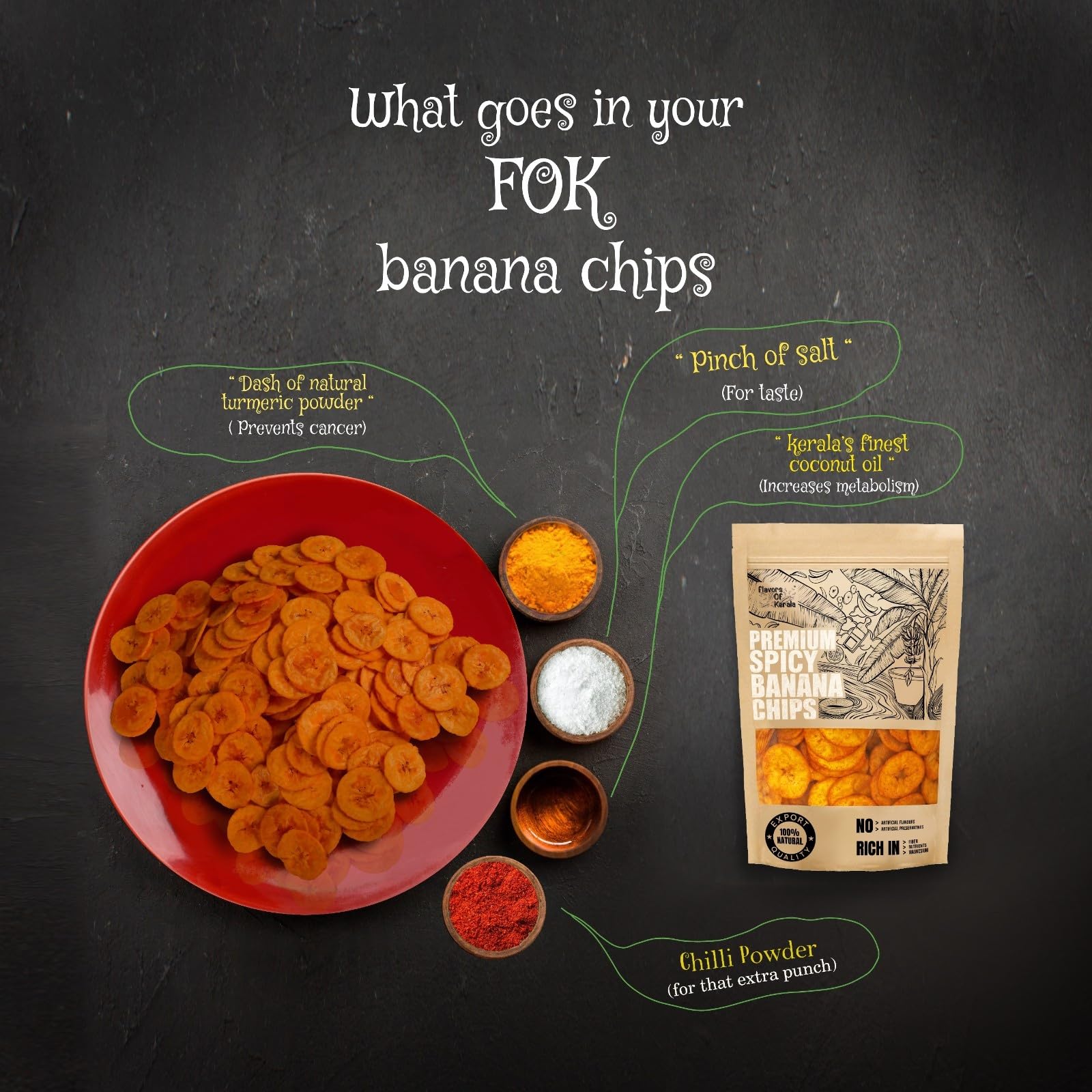 FLAVORS OF KERALA (FOK) | Premium Spicy Banana Chips Wafers In Coconut Oil | Fresh, Thin, Crispy, Namkeen Snack (300 GM) |