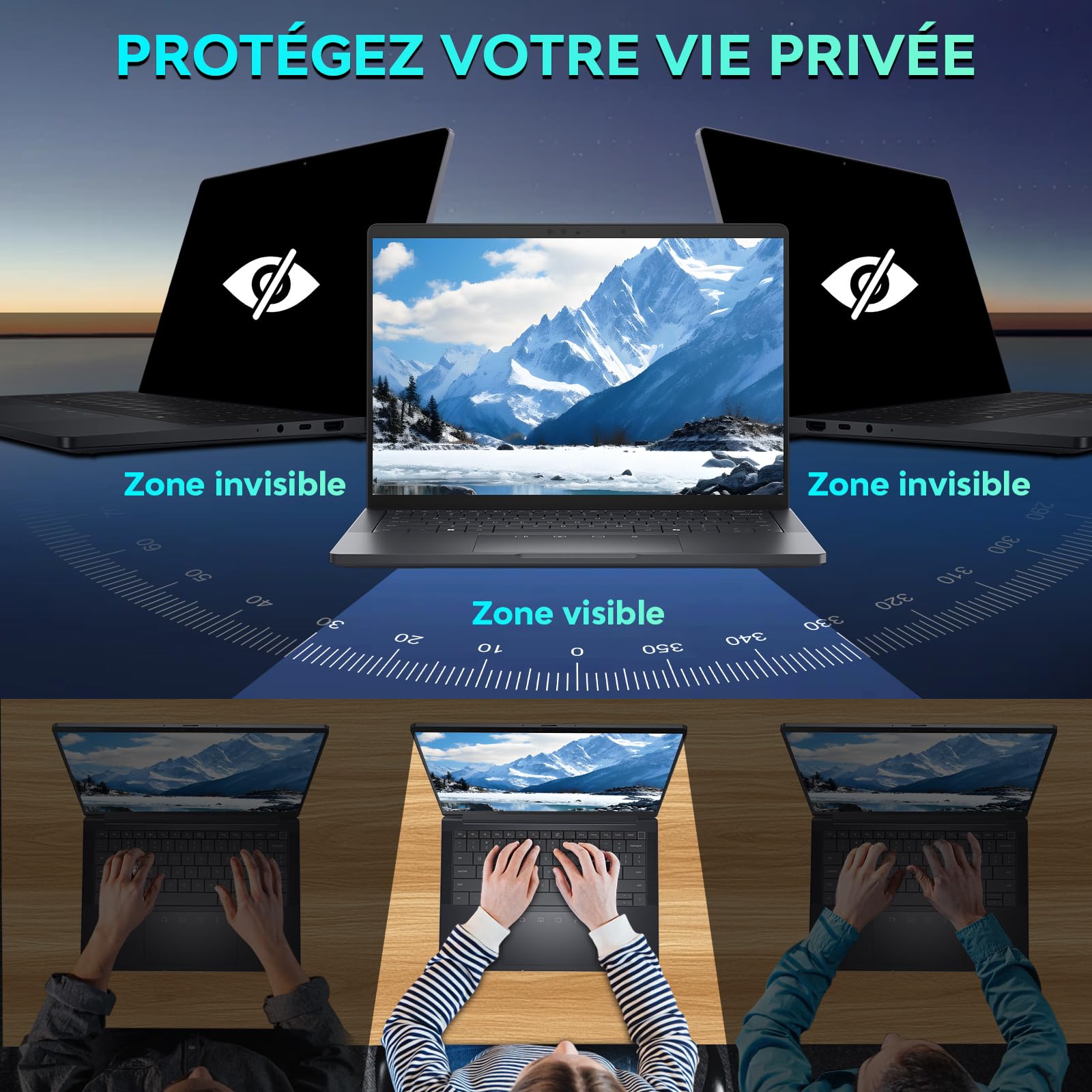 Filtre de Confidentialité pour 14 pouces ordinateurs portables Aspect 16:10, Anti-espionnage, Anti-lumière bleue et Anti-reflets, Amovible, compatible avec Lenovo, HP, Dell, Acer, Samsung, Asus