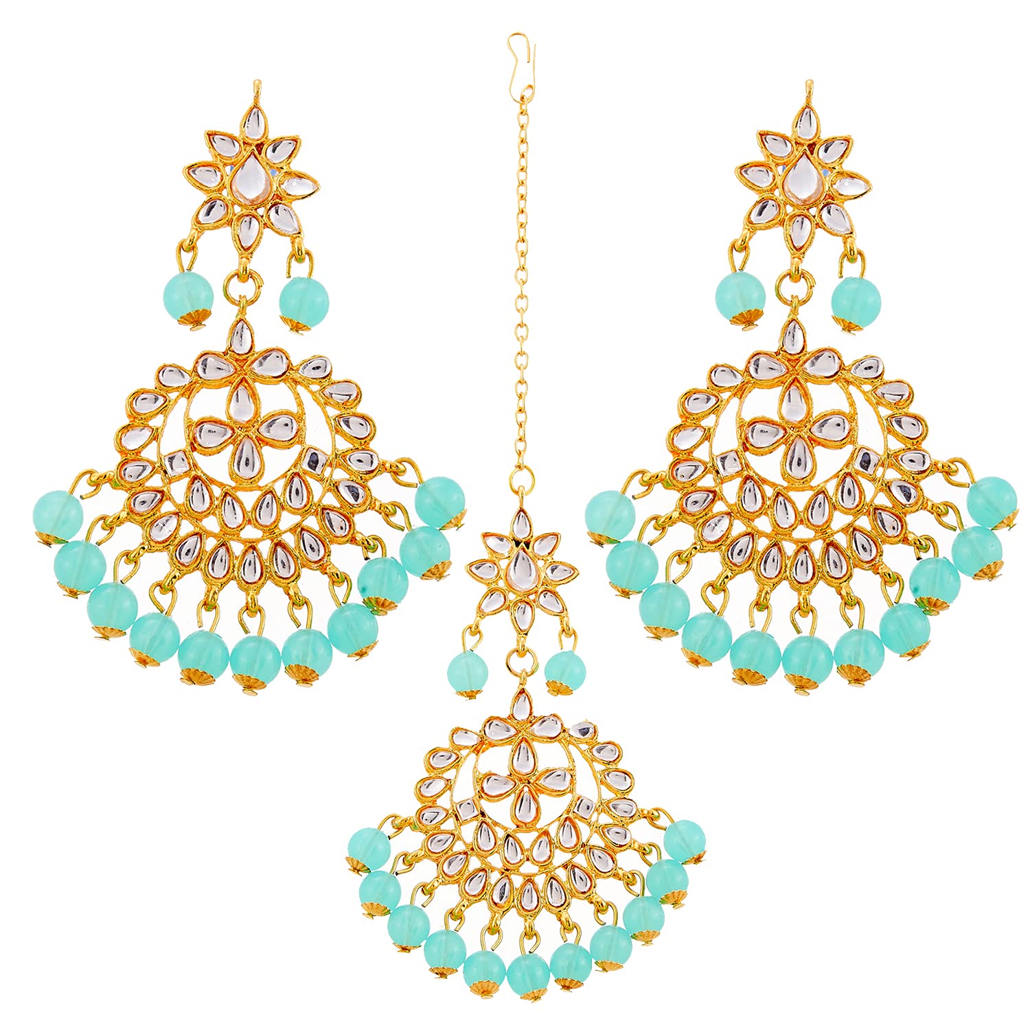 ZENEME Maang Tikka With Earrings Set Flower Shaped Gold Plated Jewellery For Women and Girls (Gold Mint Green) (B09GFFR2C6) Amazon Price History, Amazon Price Tracker