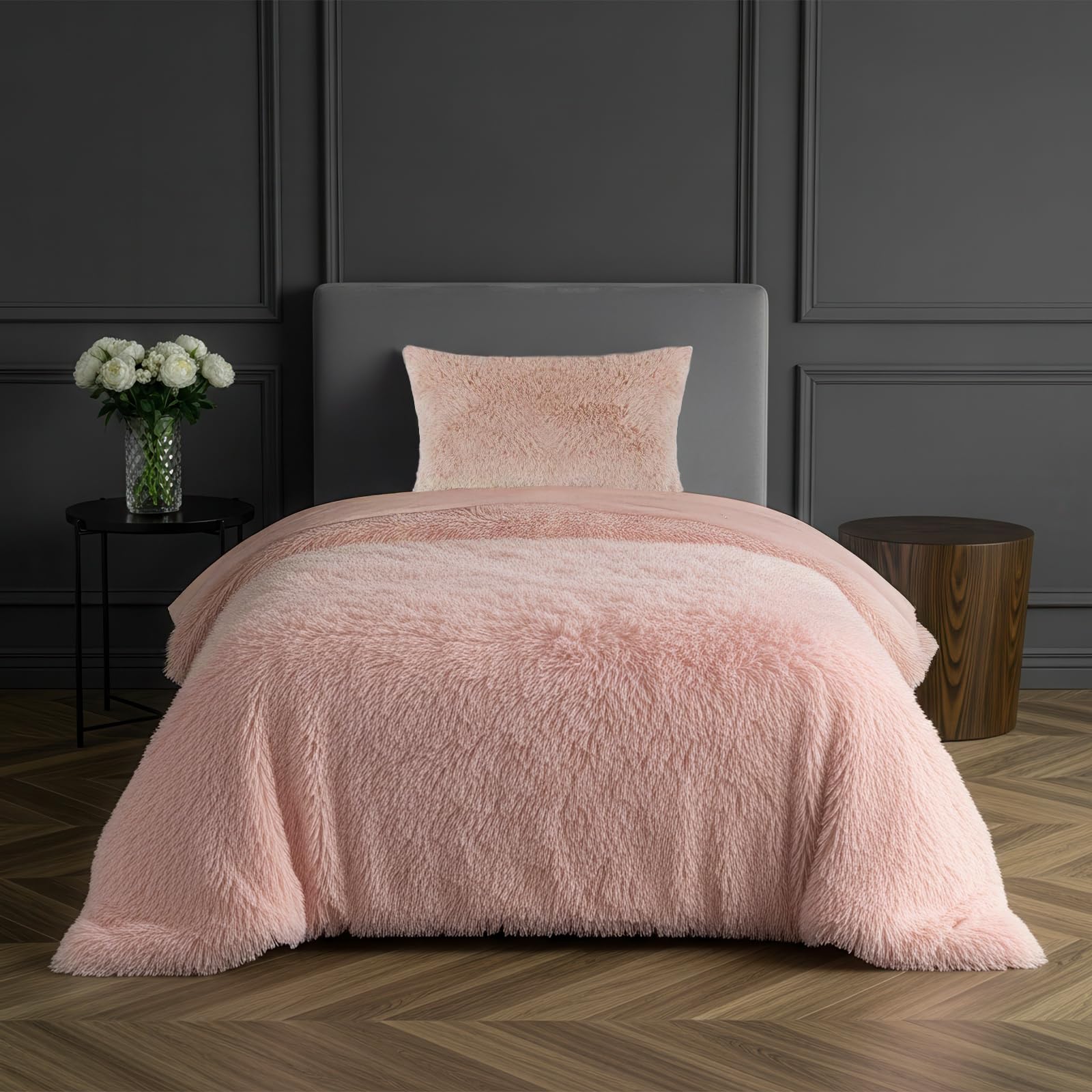 Sleepdown Fleece Luxury Long Pile Faux Fur Blush Pink Super Soft Easy Care Duvet Cover Quilt Bedding Set with Pillowcase - Single (135cm x 200cm)