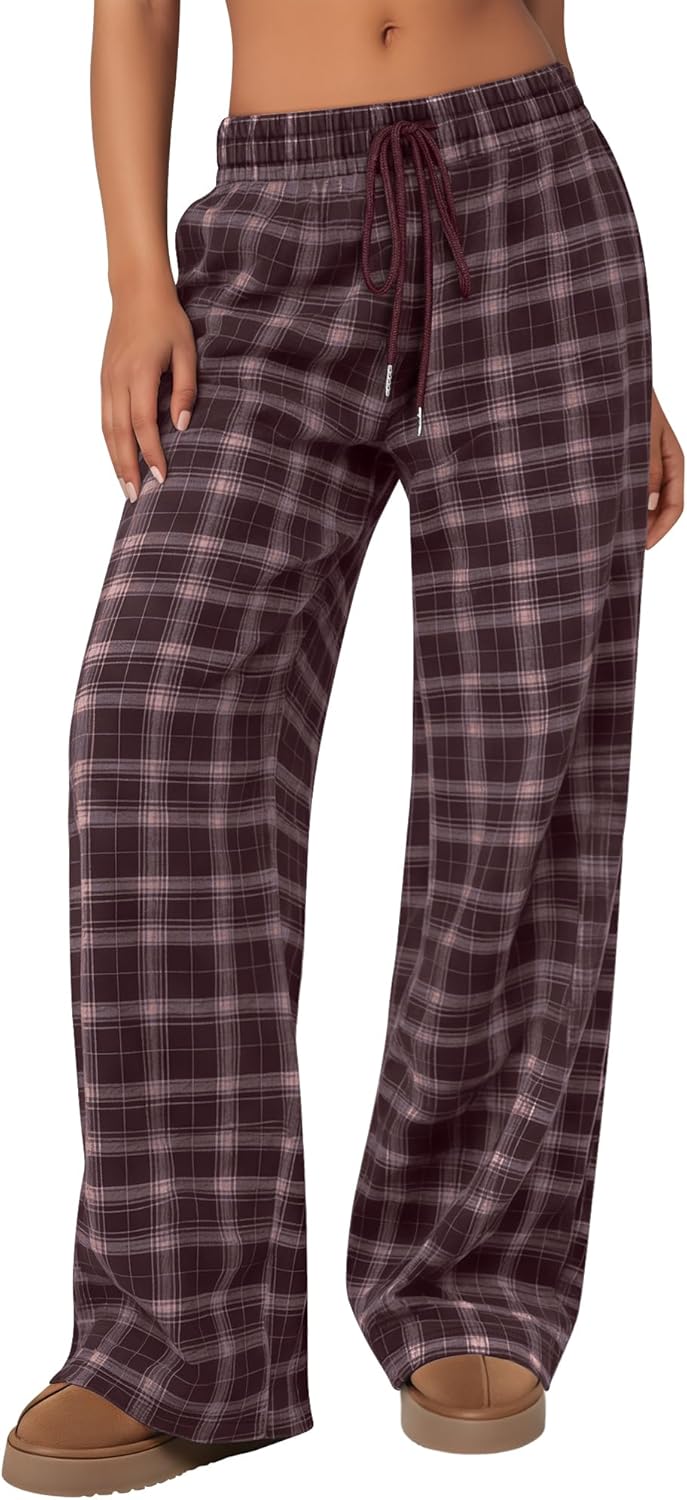 Xaatren Women's Plaid Pants Gingham Lounge Pajama Pants Drawstring Loose Bottoms Wide Leg Trousers with Pockets