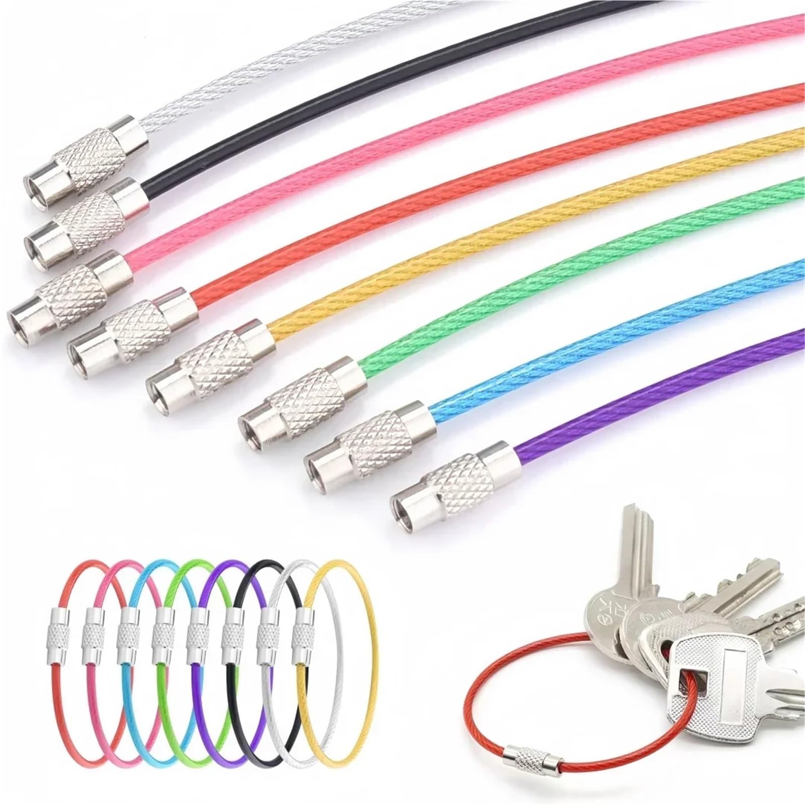 Porte-clés en acier inoxydable durable avec câble métallique coloré Premium