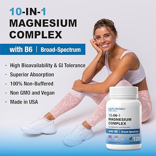 Miniatura 3 de Puregen Labs Complejo de magnesio 10 en 1 de 500 mg con B6  Total de 240 cápsulas vegetales alta absorción y bioactividad Sin OMG, sin gluten y