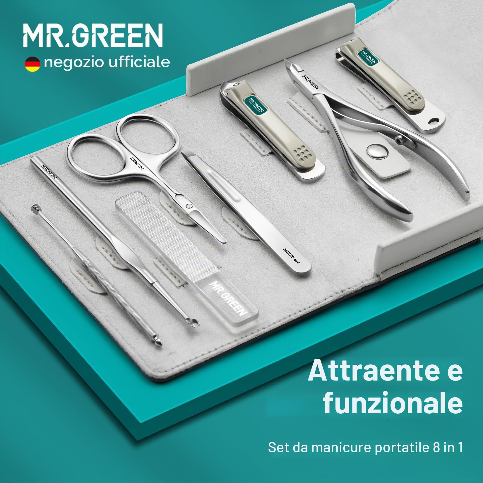 MR.GREEN Set manicure Tagliaunghie Set 8 in 1 Kit Pedicure Strumenti per la cura personale in acciaio inossidabile con custodia in pelle microfibra (Mr-6659)