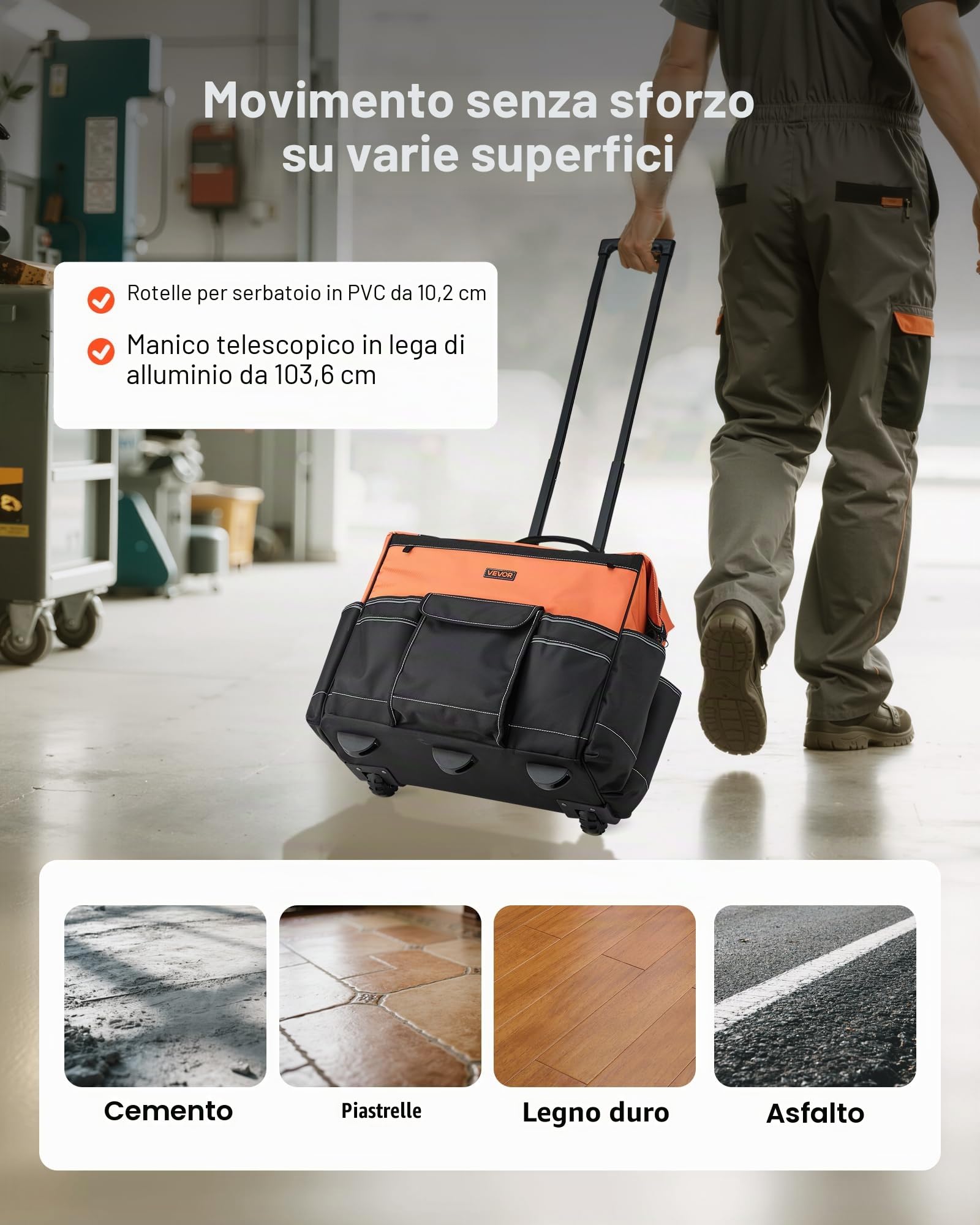 VEVOR Zaino Portautensili con Ruote, Capacità 50 kg, Borsa Portautensili con Ruote da 27 Tasche, Maniglia Telescopica Regolabile e Base Stabile, Organizzatore per Borse per Edilizia, Meccanico