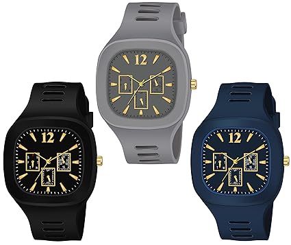 The Shopoholic Square Dial Black Blue Grey White Red Analog Watches with Silicon Strap Stylish ADDI Designer Combo Watch for Mens & Boys Pack of 3