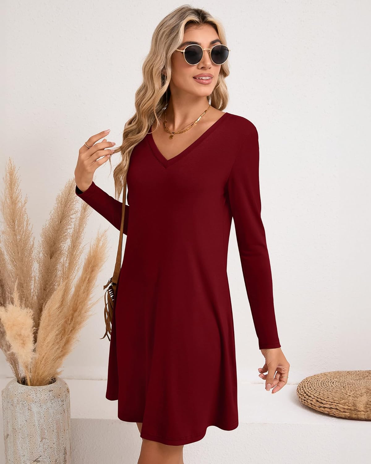 Huukeay 3 Pack Women's V Neck Long Sleeve T Shirt Dress 2025 Basics Plain Dresses Casual Loose Flowy Swing Dresses