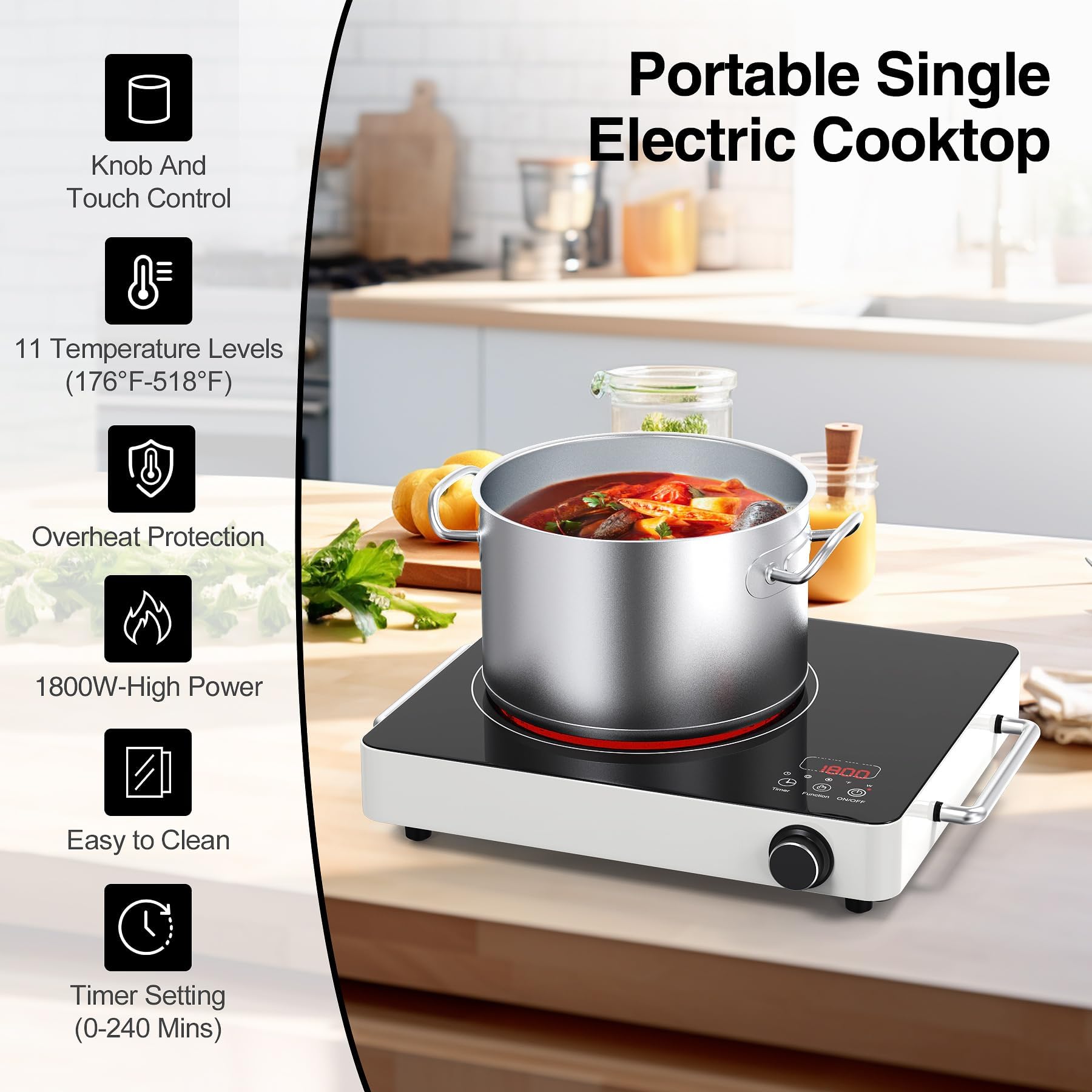 Placa de cocina eléctrica, 110 V, con función táctil y perilla, quemador individual de 1800 W con asa, 9 niveles de potencia, bloqueo de seguridad para niños y temporizador de 4 horas, portátil 3