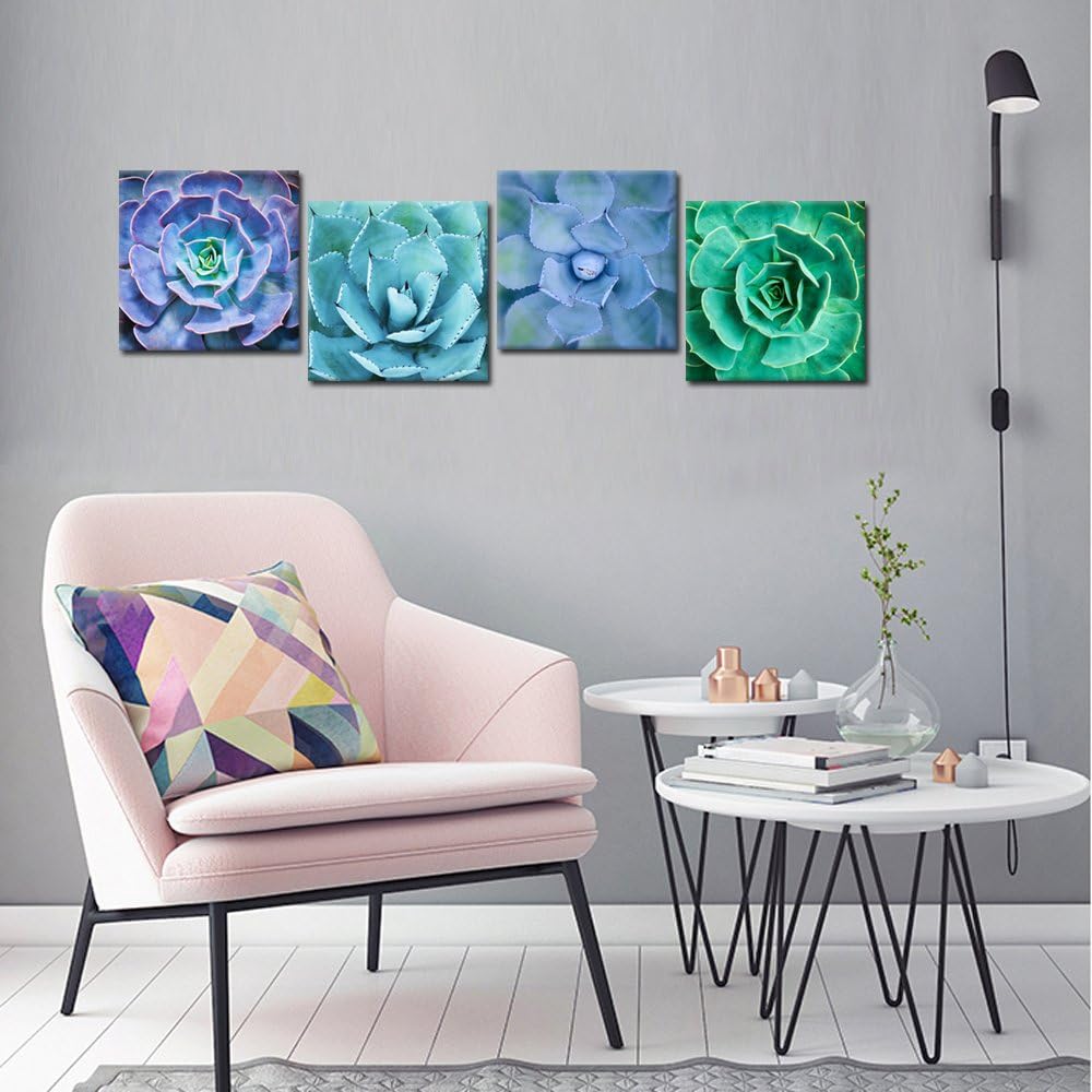 iKNOW FOTO Canvas Set of 4 Wall Art Green Blue Succulent Plant Pictures Giclee Prints Botanical Photography Gallery Wrap Modern Home Decor Ready to Hang 12x12inchx4pcs