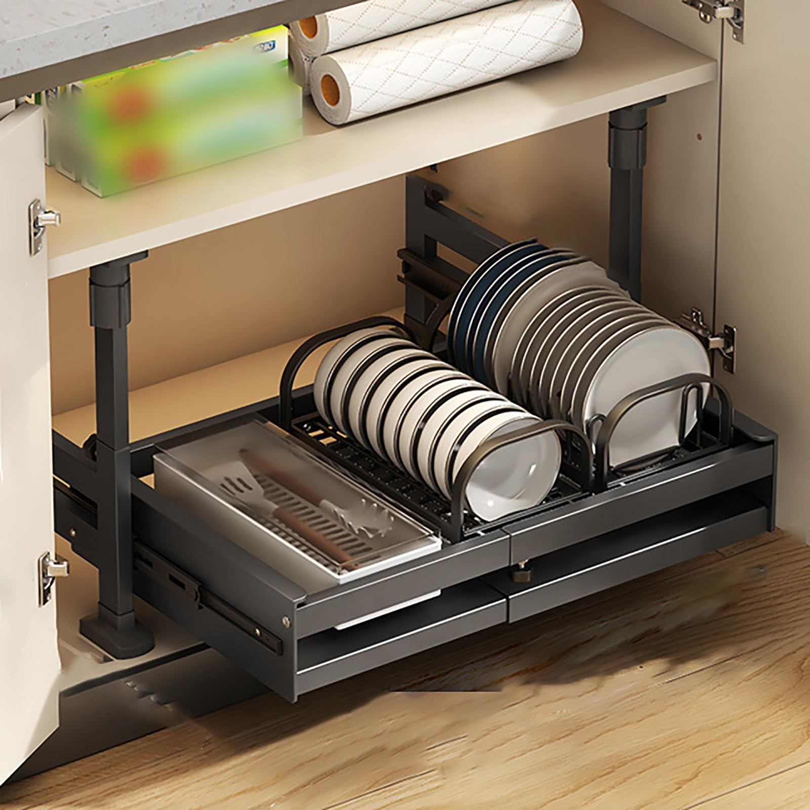 Pull out kitchen cabinet organizers,sliding drawers for kitchen cupboard,Pull Out Cabinet Organiser Slide Out Drawers,No Need Drill and Nailing,for Kitchen Cupboard Cabinet. ( Color : Black , Size : S