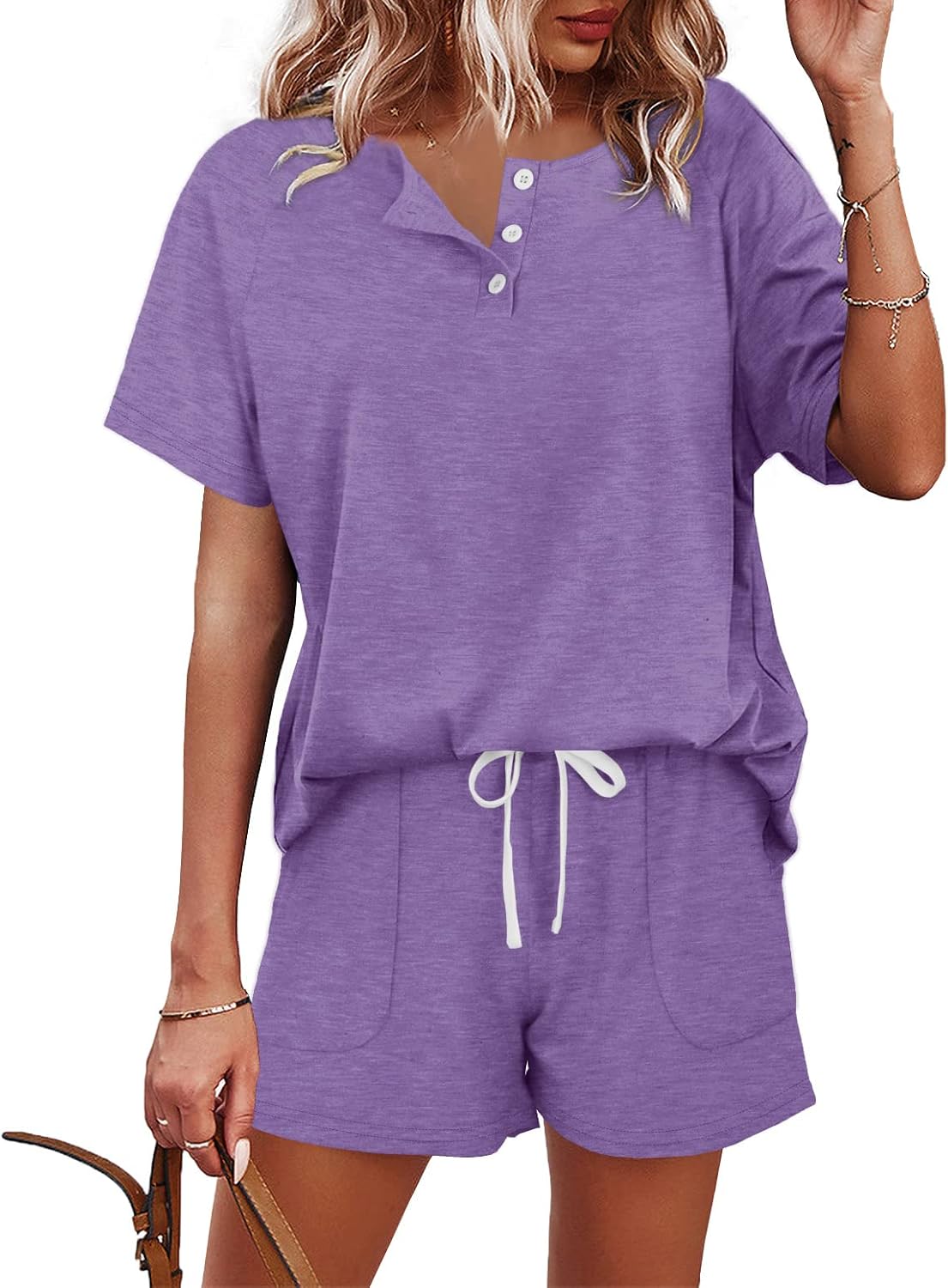 WIHOLL Two Piece Outfits for Women Lounge Sets Button Down Top and Shorts Set Sweatsuits with Pockets