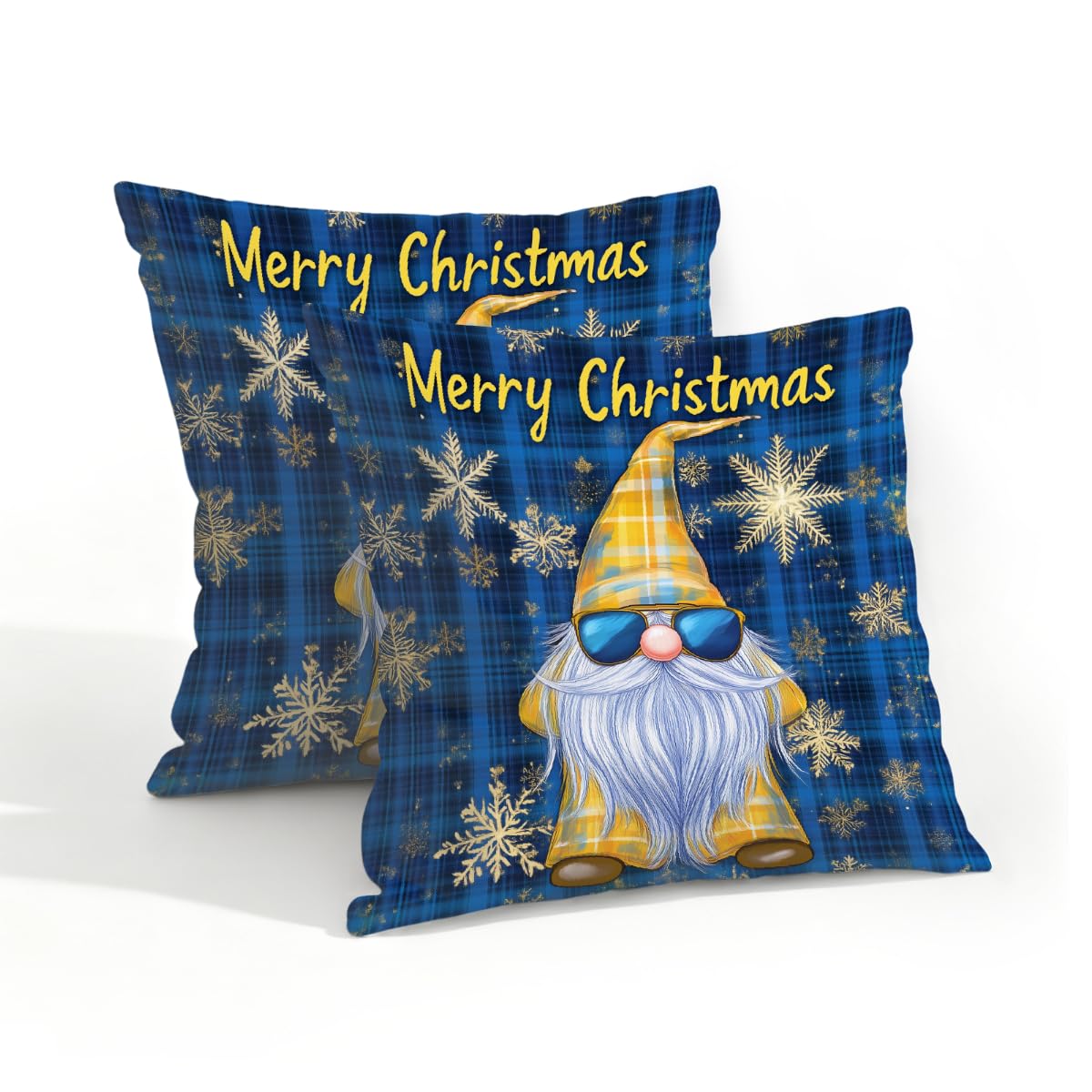 Outdoor Pillow Covers Waterproof Pillowcases 18x18IN Set of 2 Merry Christmas Funny Gnome On Blue Tartan Decorative Throw Cushion Case for Couch Sofa Garden Patio Furniture