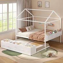 ADORNEVE Full Size House Bed Frame with Twin Trundle,White