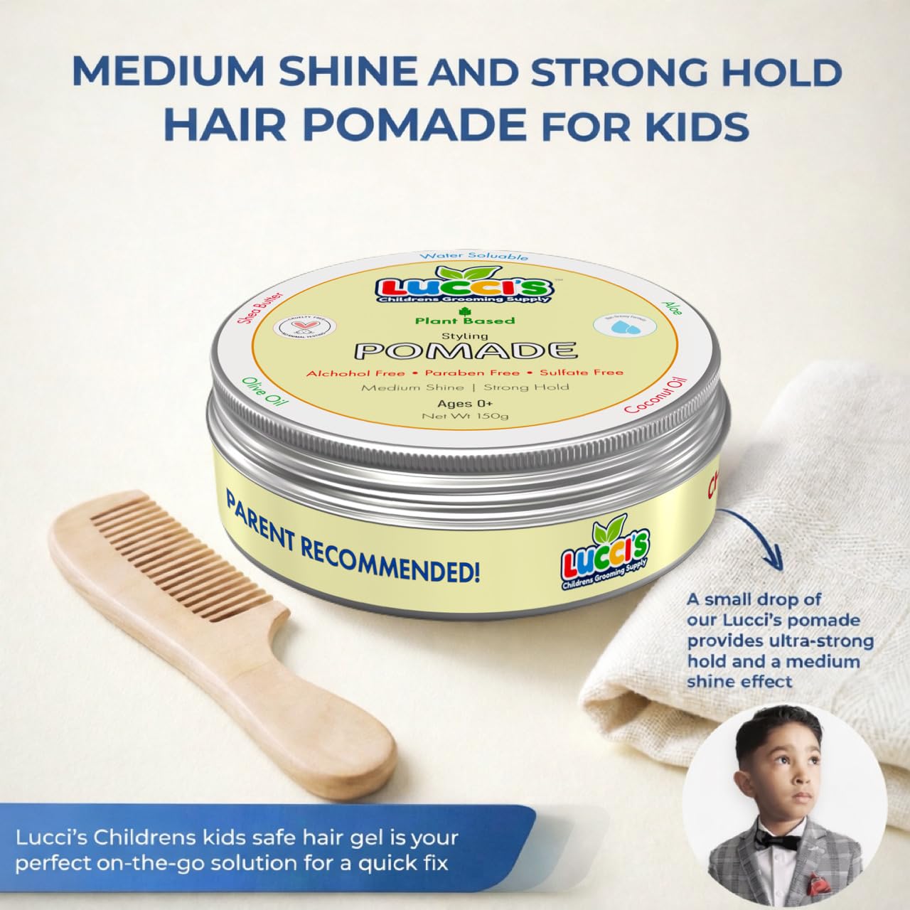 LUCCI’S CHILDRENS GROOMING SUPPLY Baby Hair Gel – 5oz Plant-Based Styling Hair Pomade for Infants – No Parabens or Sulphates – Medium Shine and Strong Hold Hair Paste for Kids