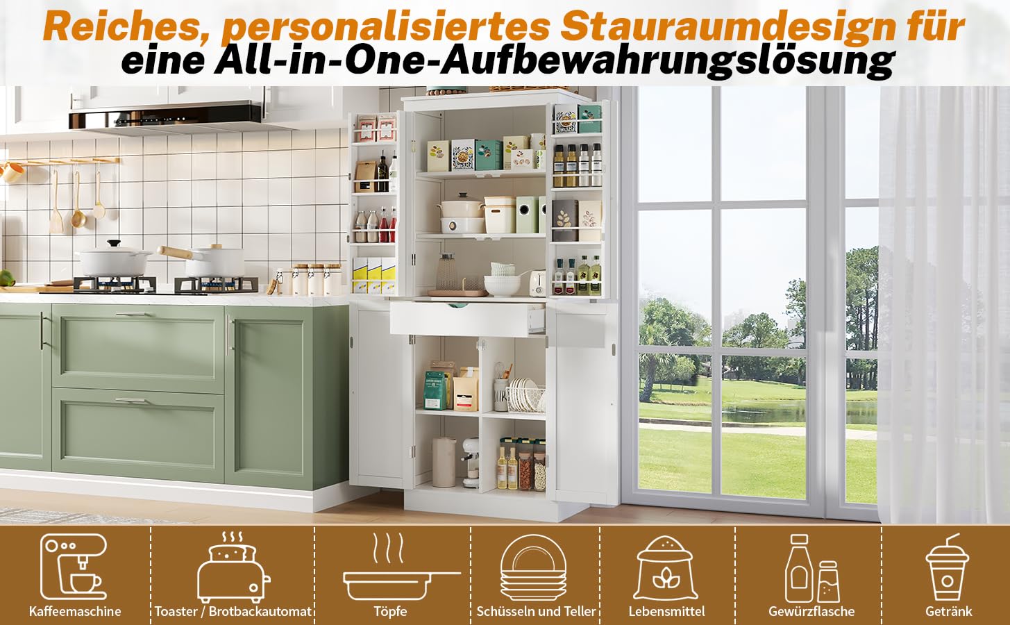 Armario de cocina de 182 cm, armario alto con 4 puertas y 1 cajón, armario de 6 compartimentos, 4 estantes ajustables y estantes para puertas, armario de almacenamiento para cocina (blanco, B)