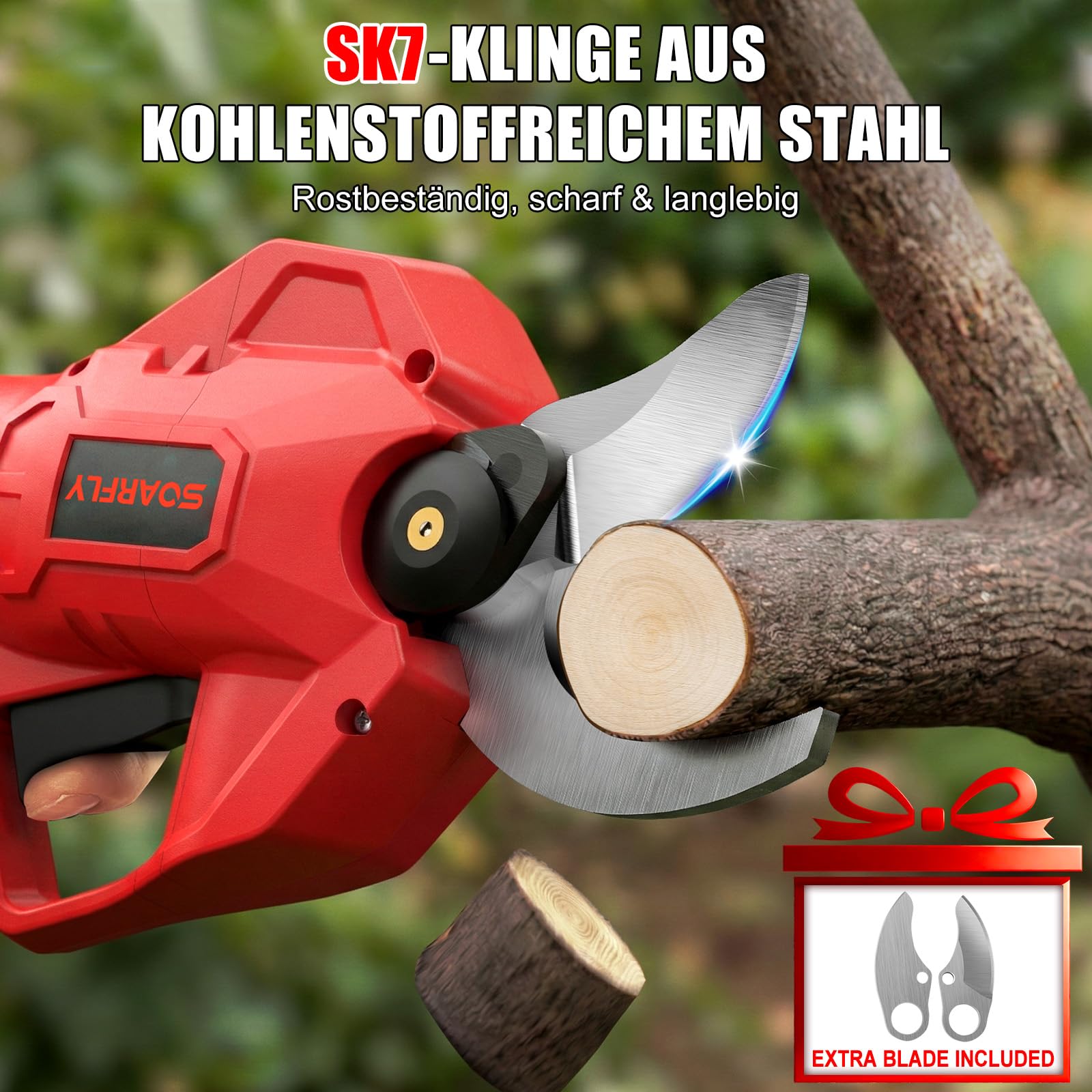 SOARFLY Akku Astschere 50mm, Elektrische Gartenschere mit 2 Akkus, Leistungsstarke Astschere Akku für Obstbäume Garten und Sträucher, Kabellose Gartenschere mit SK7 Klinge und Sicherheitsfunktion, Rot