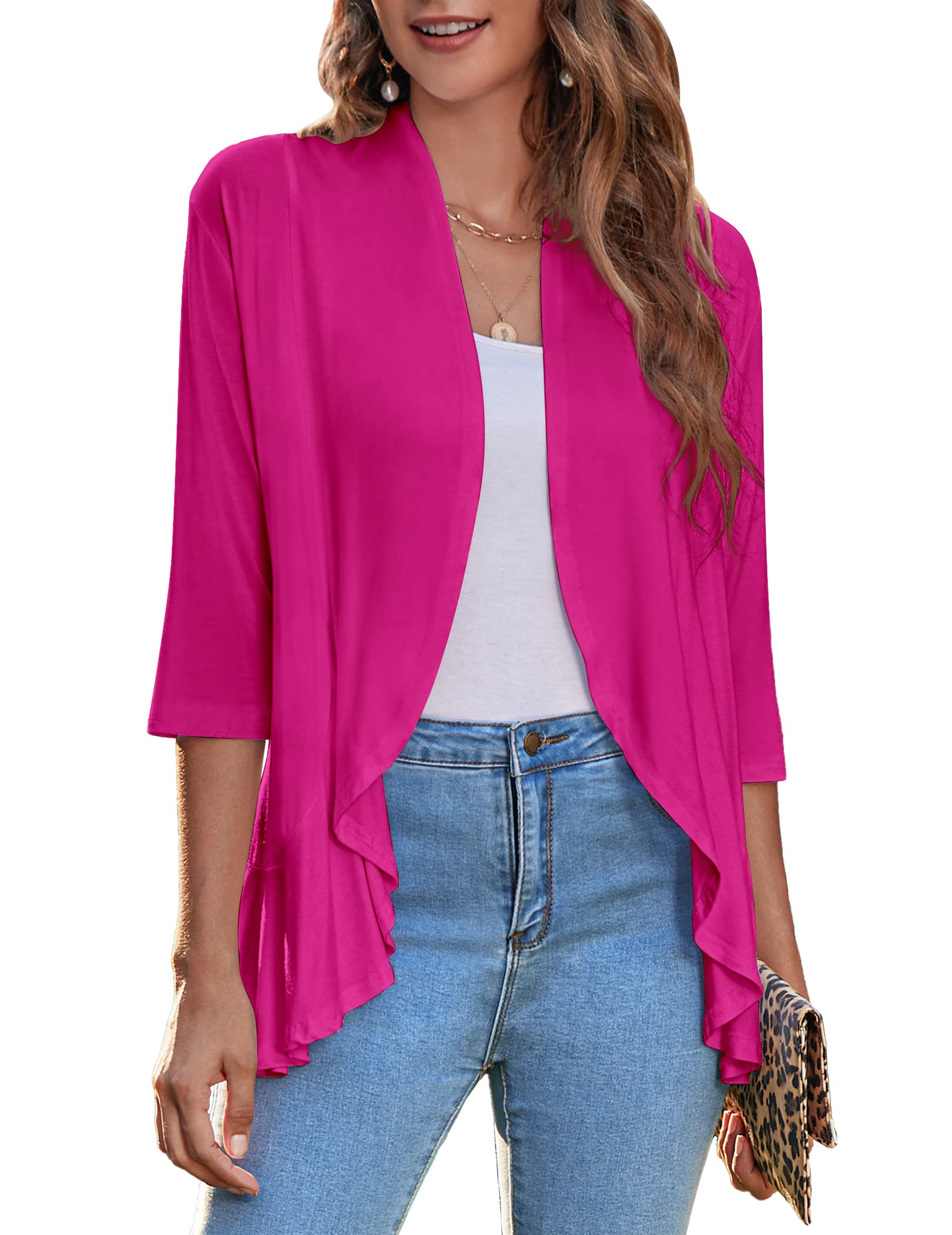 Zeagoo Women's Open Front Cardigan 2026 Spring Summer Lightweight 3/4 Sleeve Draped Ruffles Cardigans S-3XL