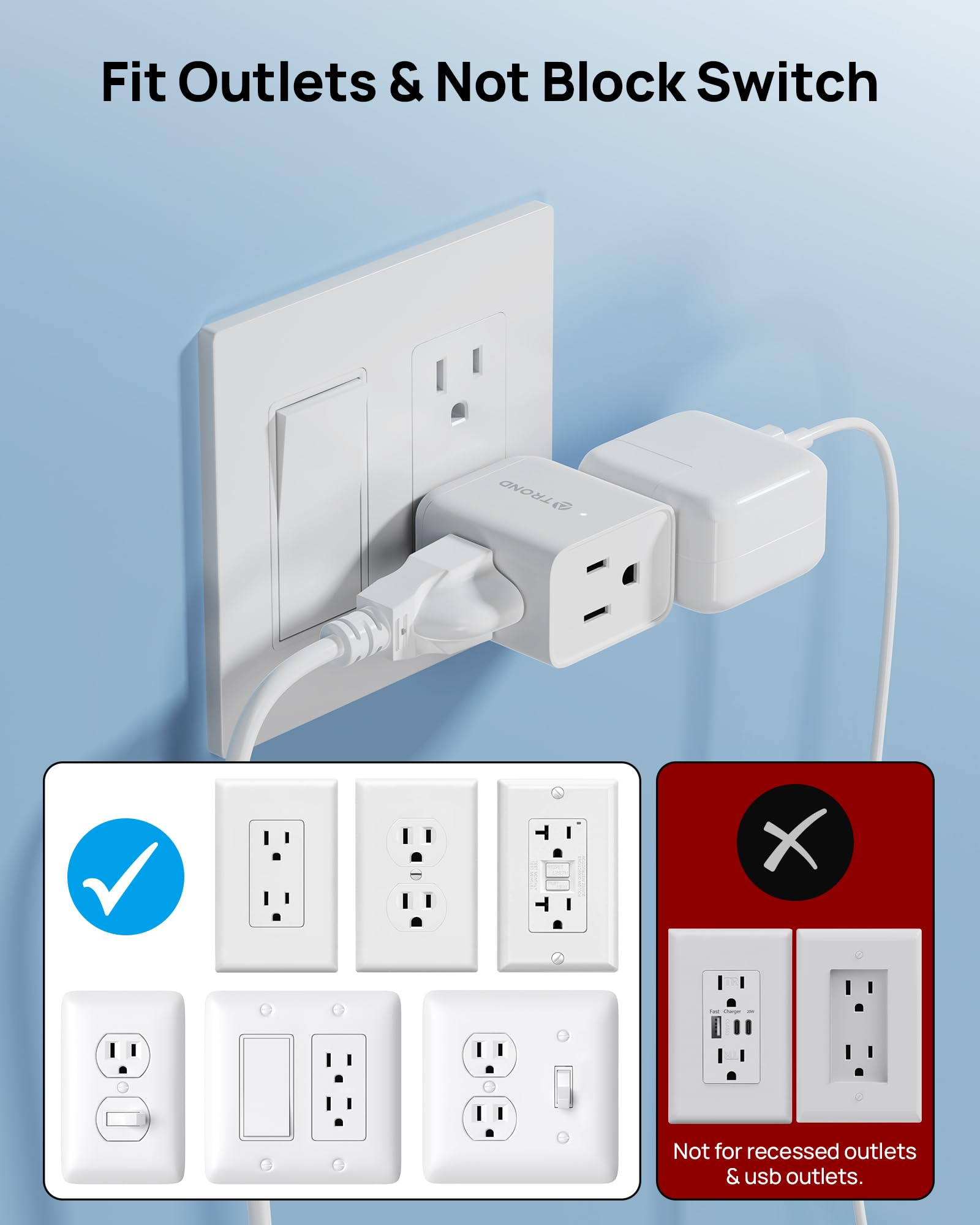 TROND 2 Pack Multi Plug Outlet Extender, Wall Outlet Splitter with 3 Way Plug, 3-Sided Multiple Travel Adapter, Mini Wall Tap Electrical Expander Spaced for Cruise Ship Essentials Home Office Supplies