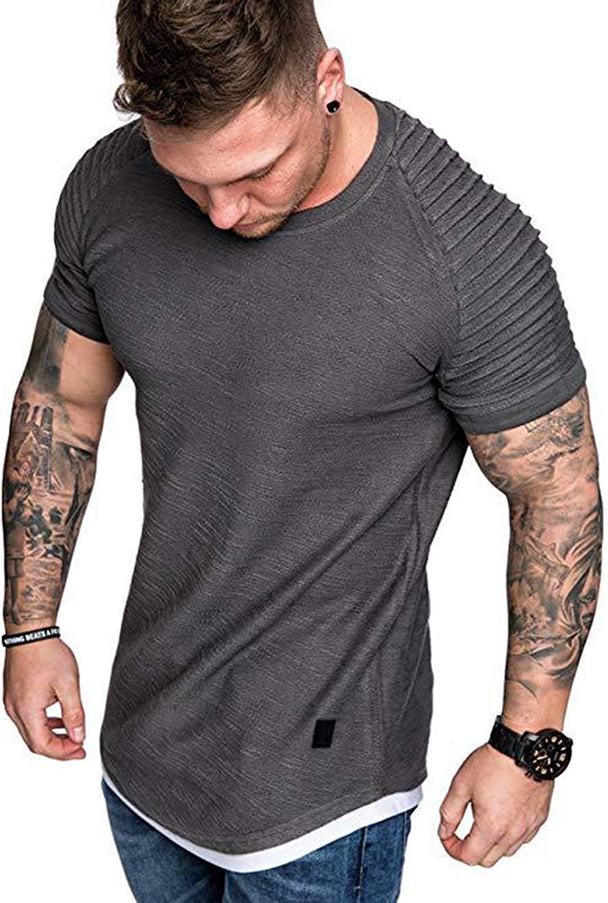 2019 Men's Slim Fit Short Sleeves T-Shirt Muscle Casual Tops Solid Colour Stylish Blouse for Spring Summer