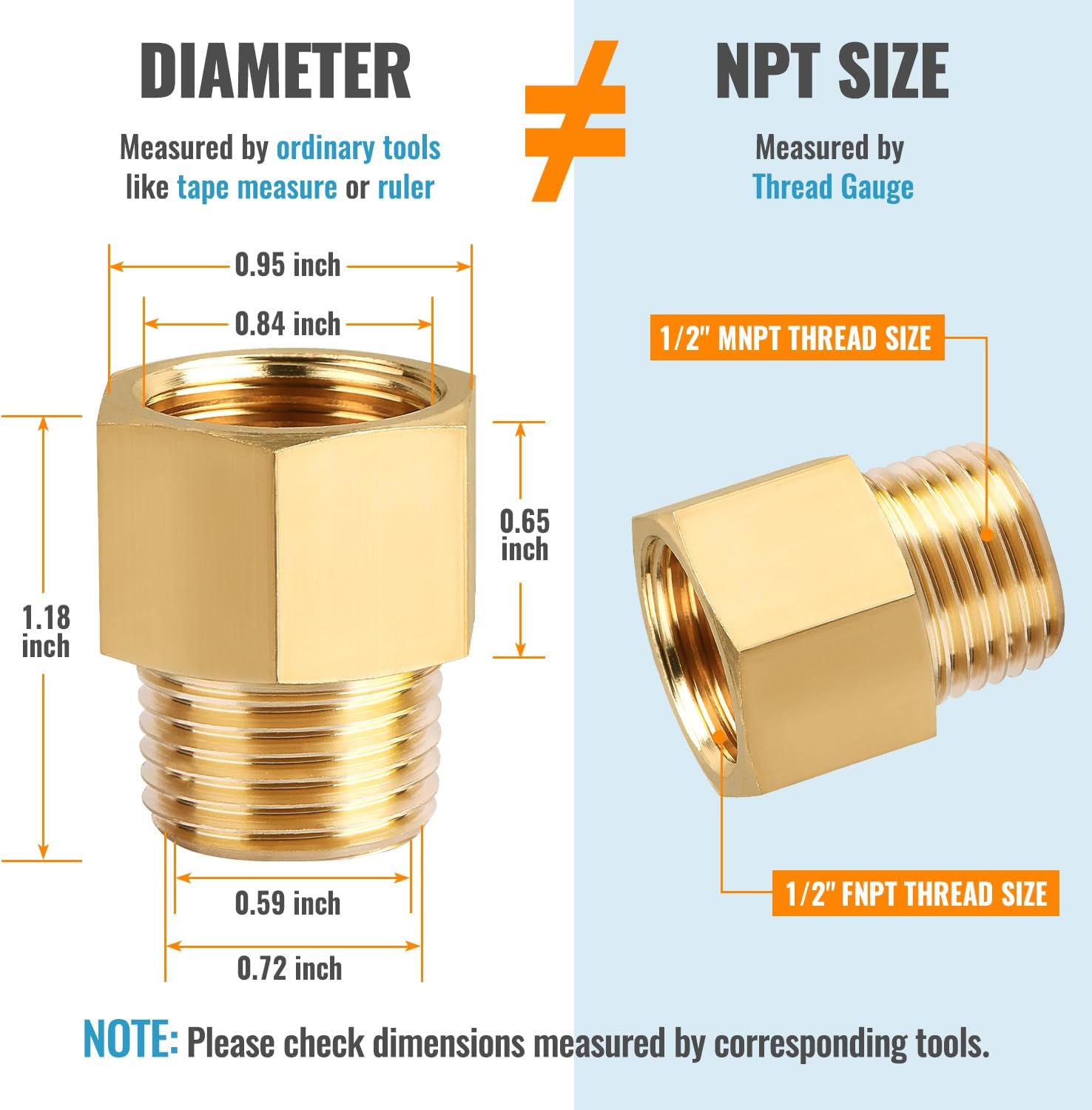 SUNGATOR 4-Pack Brass Pipe Fitting, Reducer Adapter, 1/2" NPT Male Pipe x 1/2" NPT Female Pipe