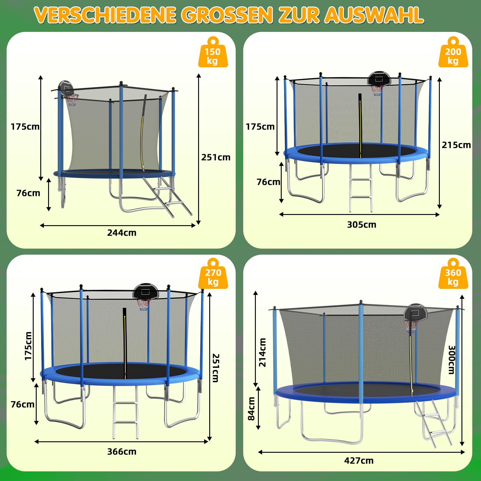 Trampolina zewnętrzna 305 cm dla ogrodu, okrągła trampolina z siatką bezpieczeństwa, wbudowaną tablicą koszykówki i drabinką, stabilna konstrukcja dla dzieci i młodzieży