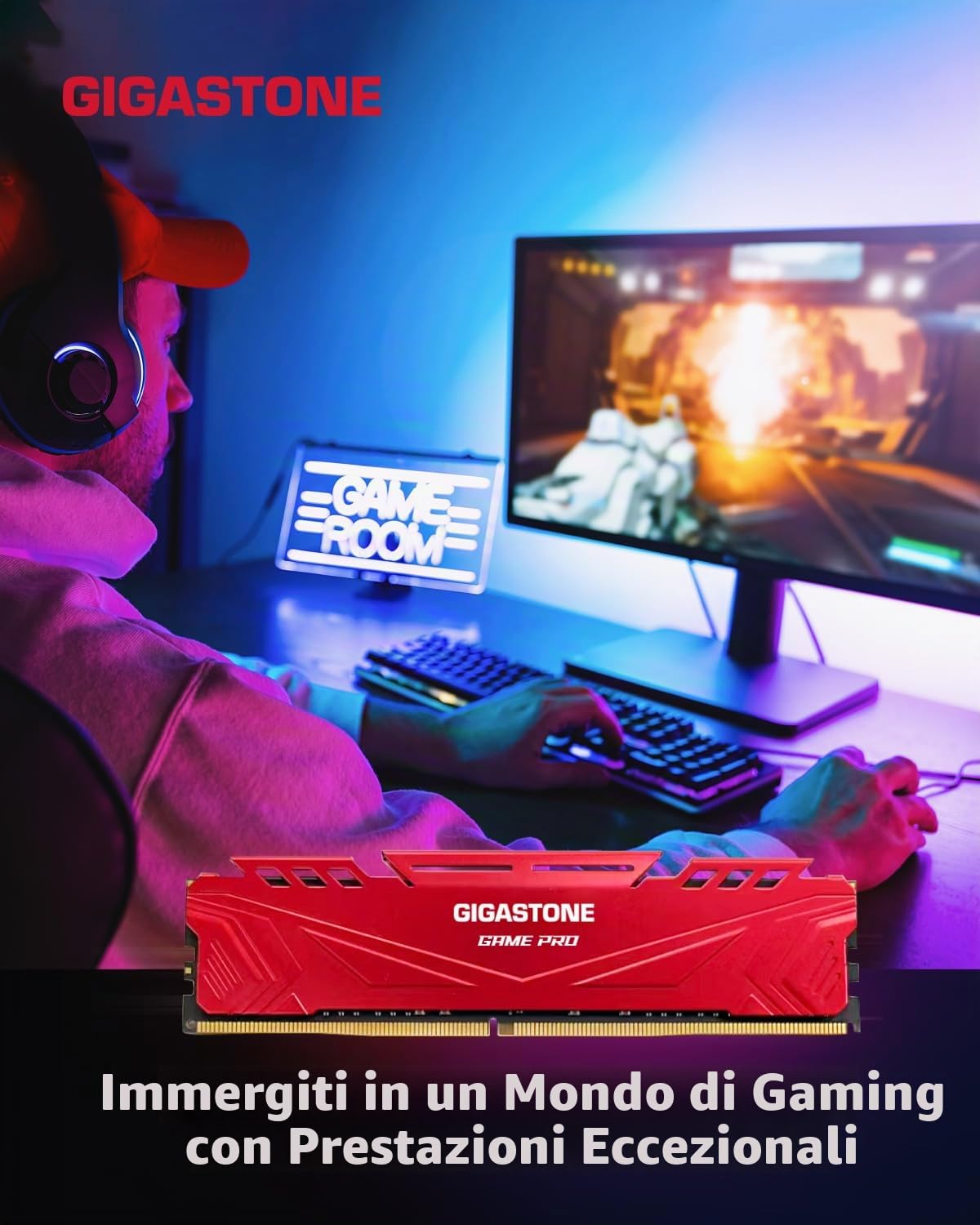 【DDR4 RAM】GIGASTONE Game PRO 16GB Kit(2x8GB) DDR4 3200MHz PC4-25600 CL 16-18-18-40 XMP 2.0 AMD Ryzen 1.35V UDIMM 288pin Unbuffered Non ECC Ideale PC Desktop alta prestazione Memoria-Rosso