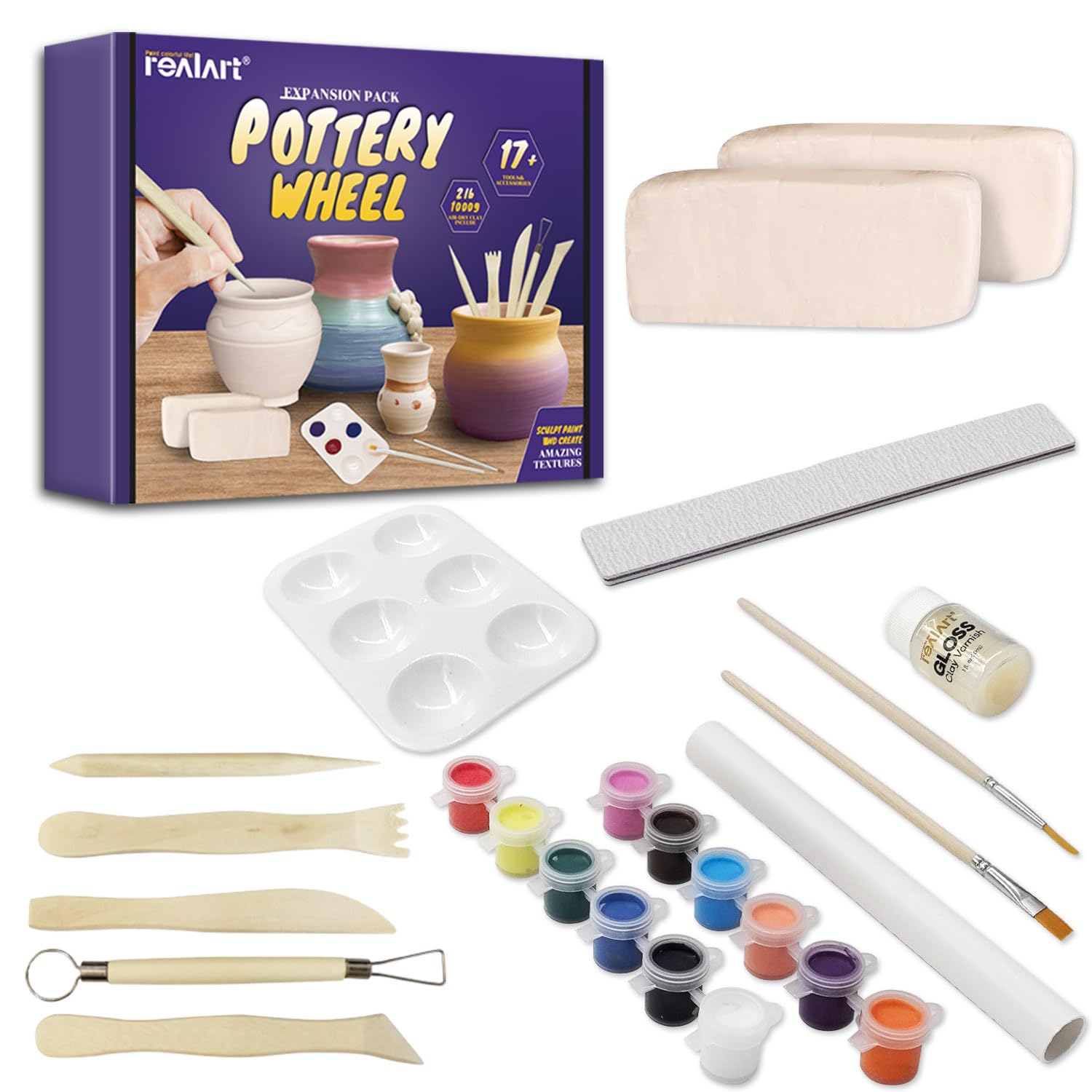 REALART 16PCS Clay Kit for Adults Pottery Air Dry Clay Kit with Sculpting Tools Paint Brushes and So On