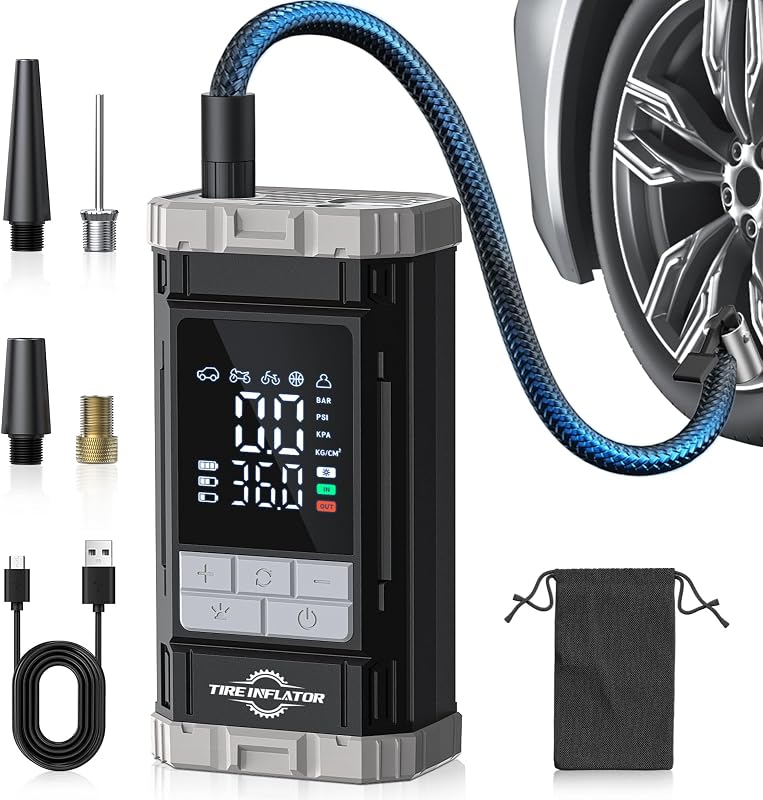 Compresor de aire portátil para inflar neumáticos recargable inalámbrico de 150 PSI | Inflado rápido, indicador digital, apagado automático, luz LED, inicio con un clic, para auto, motocicleta, bicicleta, pelota deportiva