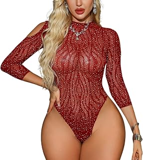 Wine Red Rhinestone Sheer Bodystocking for Women Full Sleeve Jacquard Fishnet Net Lingerie One-Piece Lace Teddy Nightwear ... Price In India