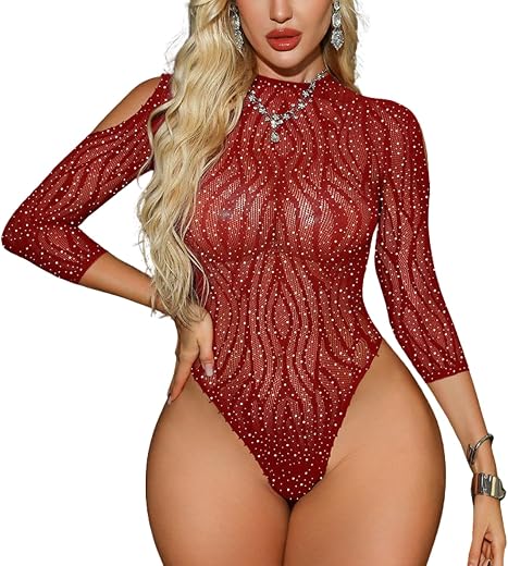Wine Red Rhinestone Sheer Bodystocking for Women Full Sleeve Jacquard Fishnet Net Lingerie One-Piece Lace Teddy Nightwear ...