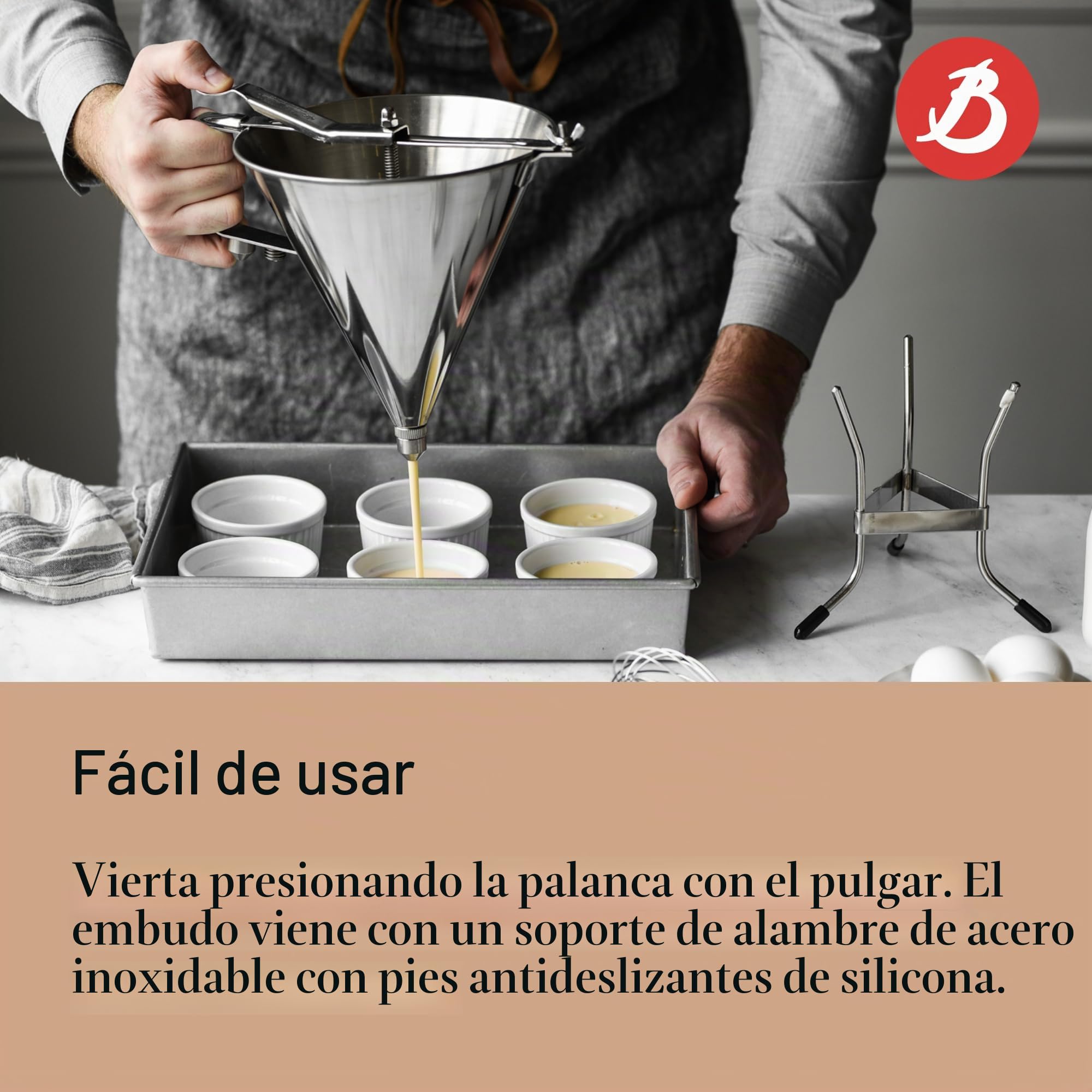 De Buyer, EMBUDO AUTOMATICO, TODO INOX, 3 CAUDALES,1,9 L. CON SOPORTE, Ø19 CM- 1,9 L., CON SOPORTE,3354.02