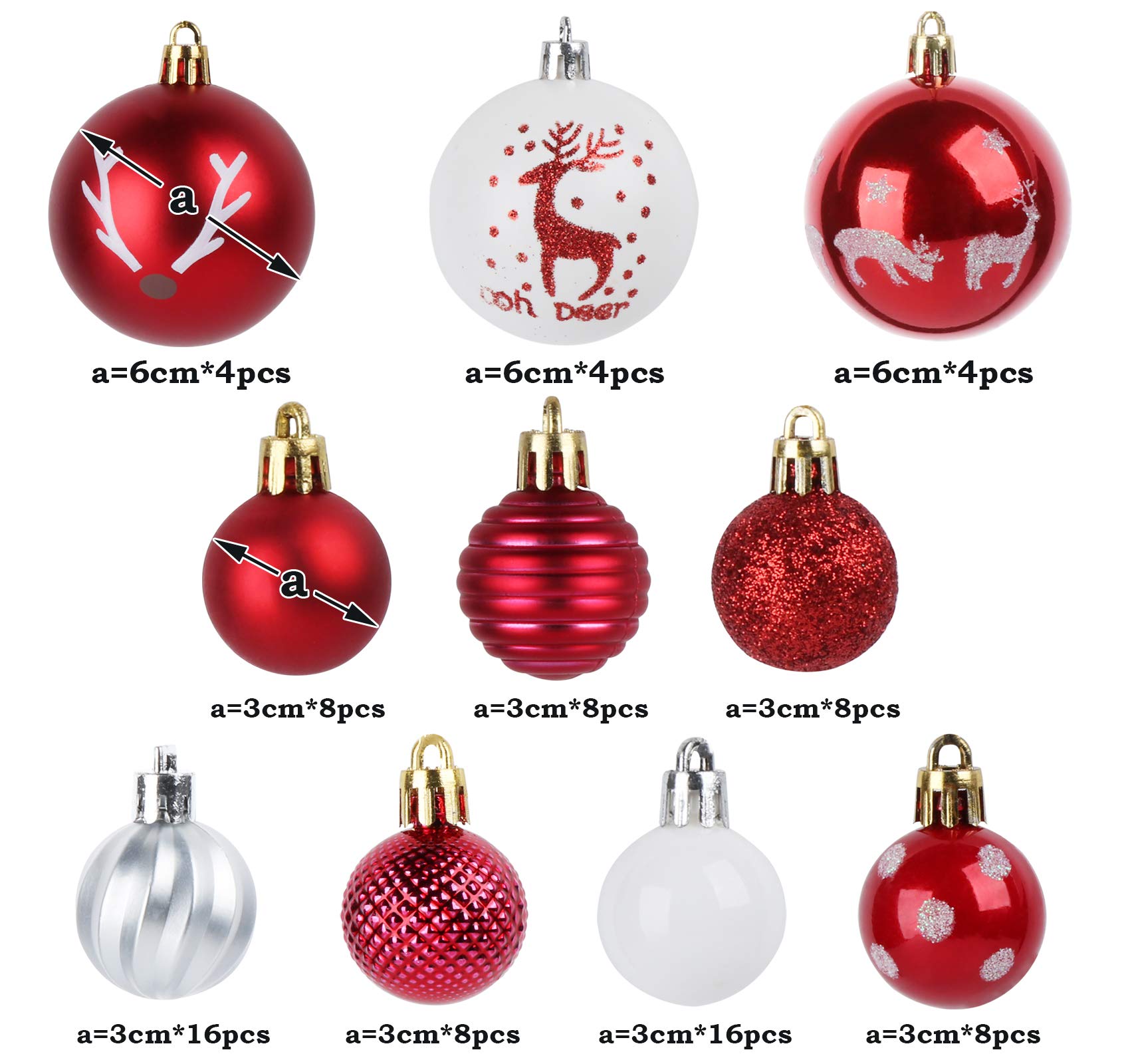 Anstore Weihnachtskugeln 100er Set - Rot/Weiß Mit Stern, 3cm/6cm, Bruchsicher