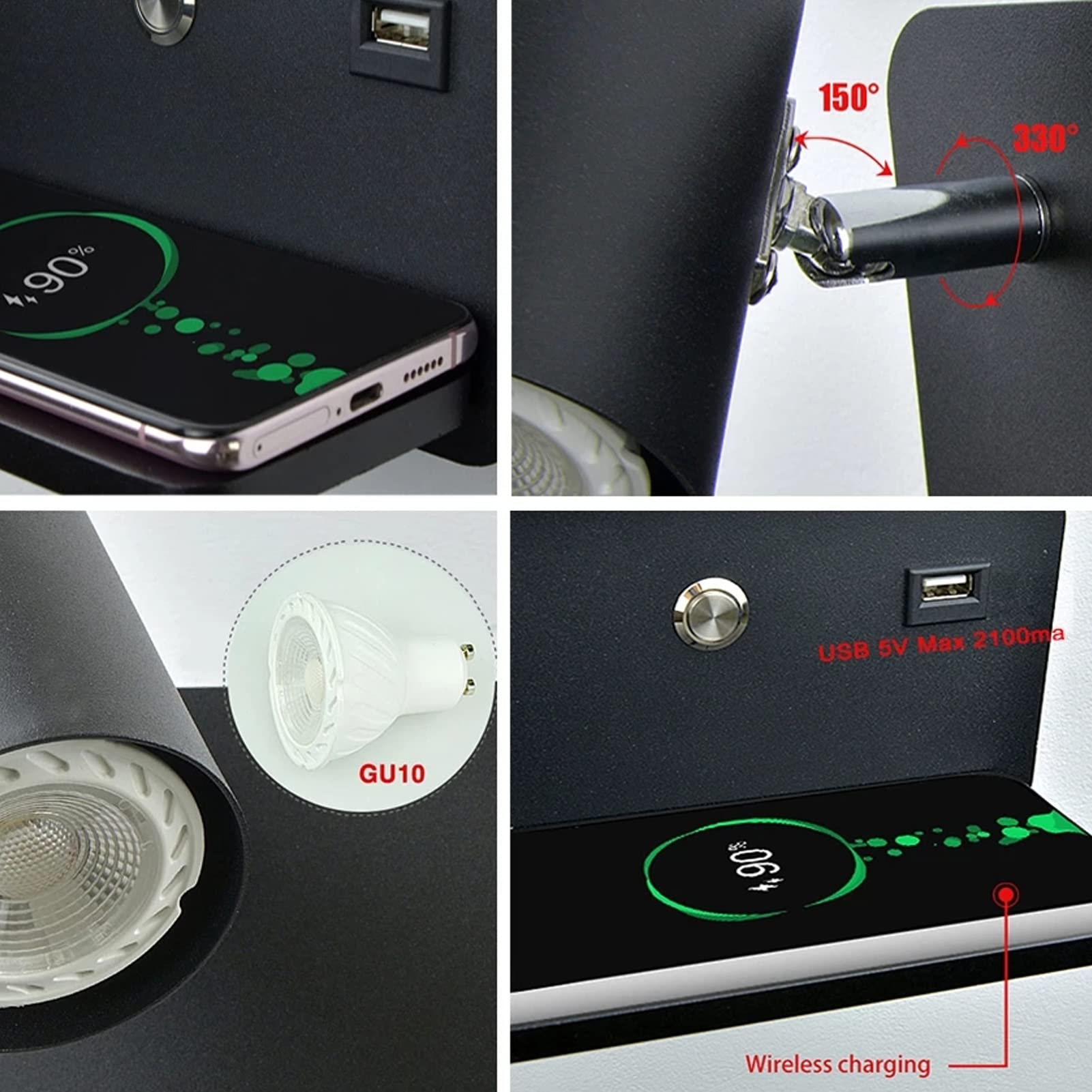 2 stuks led-wandlampen voor binnen, 12 W, wandlamp voor binnen, 3000 K, bedleeslamp, zwanenhals, leeslamp, wandlamp met schakelaar en USB-opladen, moderne bedlamp voor slaapkamer