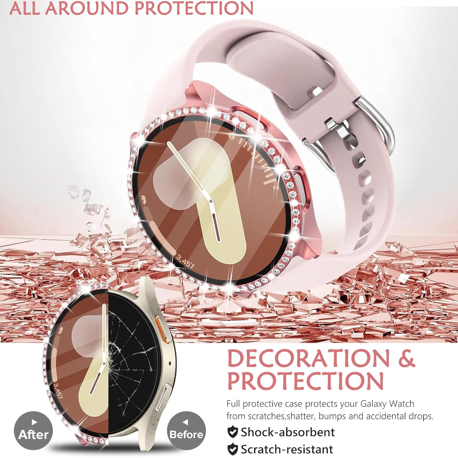 DEALELE [2-PACK] Case Compatible with Samsung Galaxy Watch 5/4 44mm, Bling Single-Row Diamond PC Protective Case Replacement Watch Cover Bumper (44mm, Gold+Transparent) — view 212
