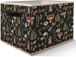 Dark Floral Mushroom Storage Bins Basket, Dark Cottagecore Botanical Insect Collapsible Fabric Storage Box Organizer Toybox for Bedroom Bathroom Clothes Books Toys