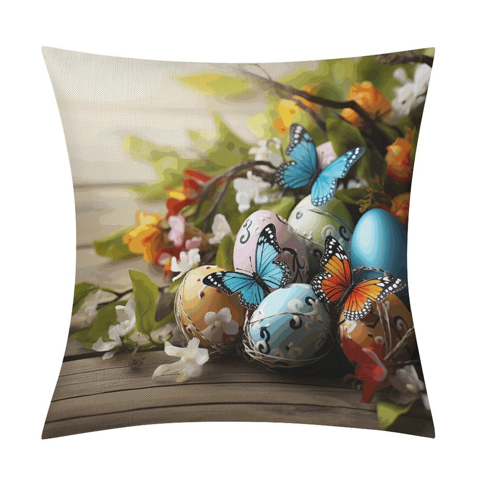 JTREHY Easter Eggs with Butterfly Throw Pillow Covers Farmhouse Pillow Cover Standard Pillow Shams Decorative Square Pillowcases Soft Pillow Cases Wrinkle Fade Resistant for Couch Home 18x18 Inch