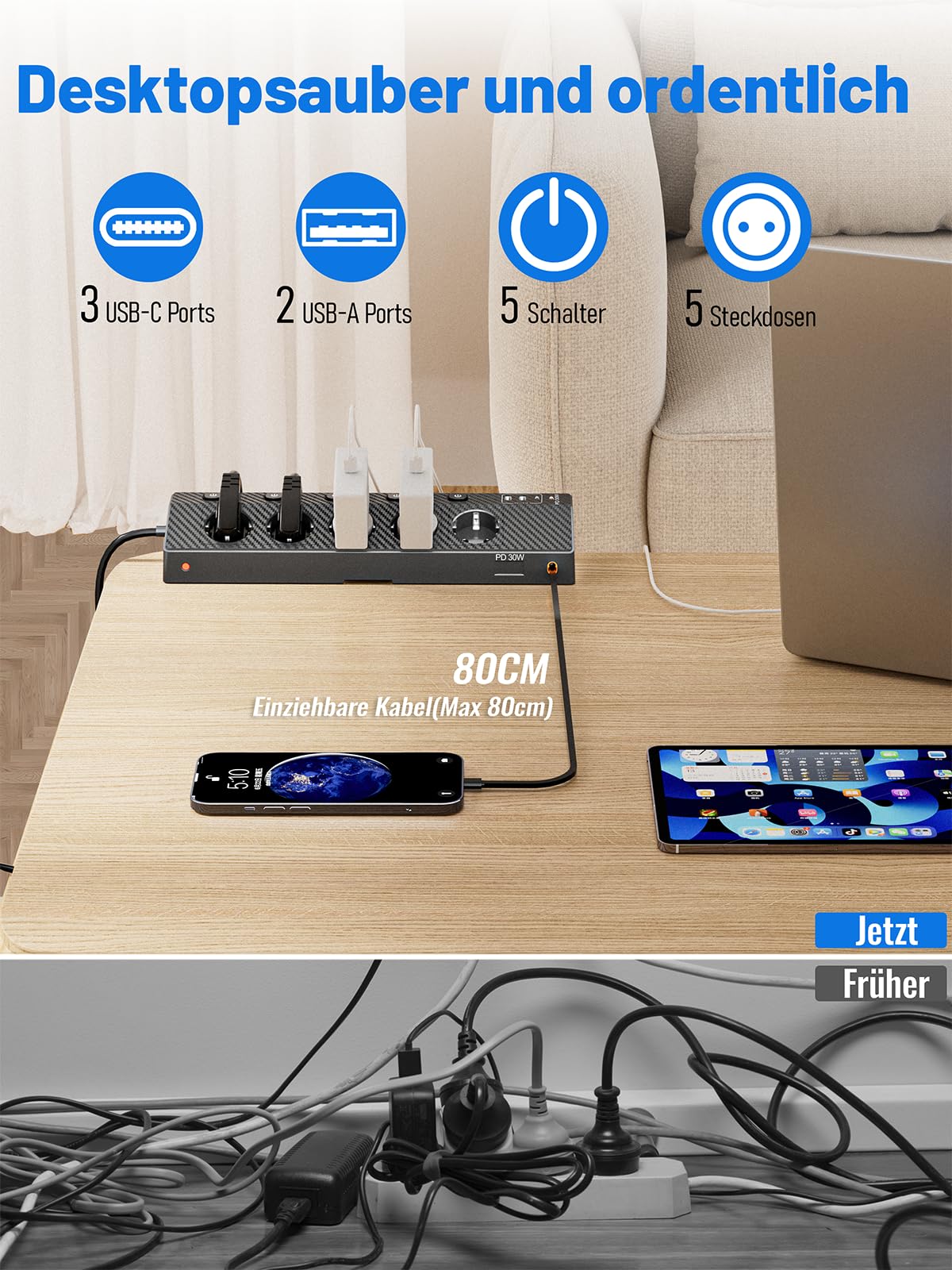 Regletas Enchufes Proteccion Sobretension 5 Tomas con USB C 30W, Torre Regleta Vertical con Interruptor Independiente, Torre Multiple 4000W para Mesa, Oficina, Casa (Alargador Enchufe 3 M, Negro)