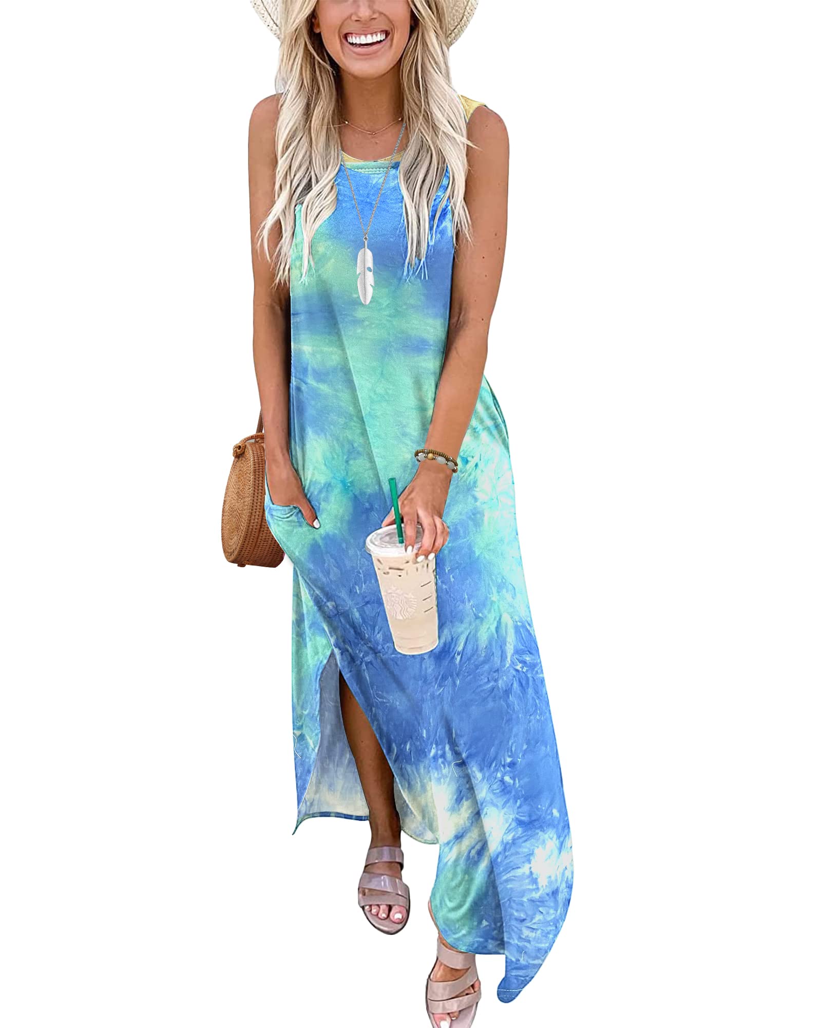 AUSELILY Vestito Donna Estivo Lungo Vestito Maxi Senza Maniche Vestito da Spiaggia Stampa Floreale Vestiti Casual Donna con Spacco Laterale e Tasche